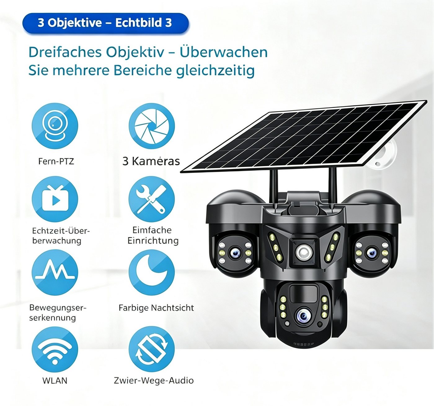 ANTCOOL Überwachungskamera Solar Überwachungskamera 3‑Objektiv WLAN PTZ 360° Nachtsicht Außen