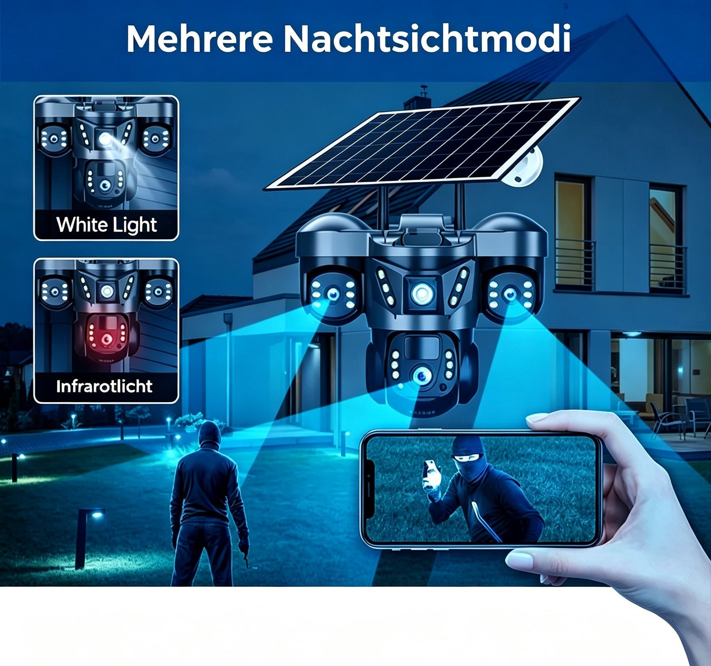 ANTCOOL Überwachungskamera Solar Überwachungskamera 3‑Objektiv WLAN PTZ 360° Nachtsicht Außen Bild 2