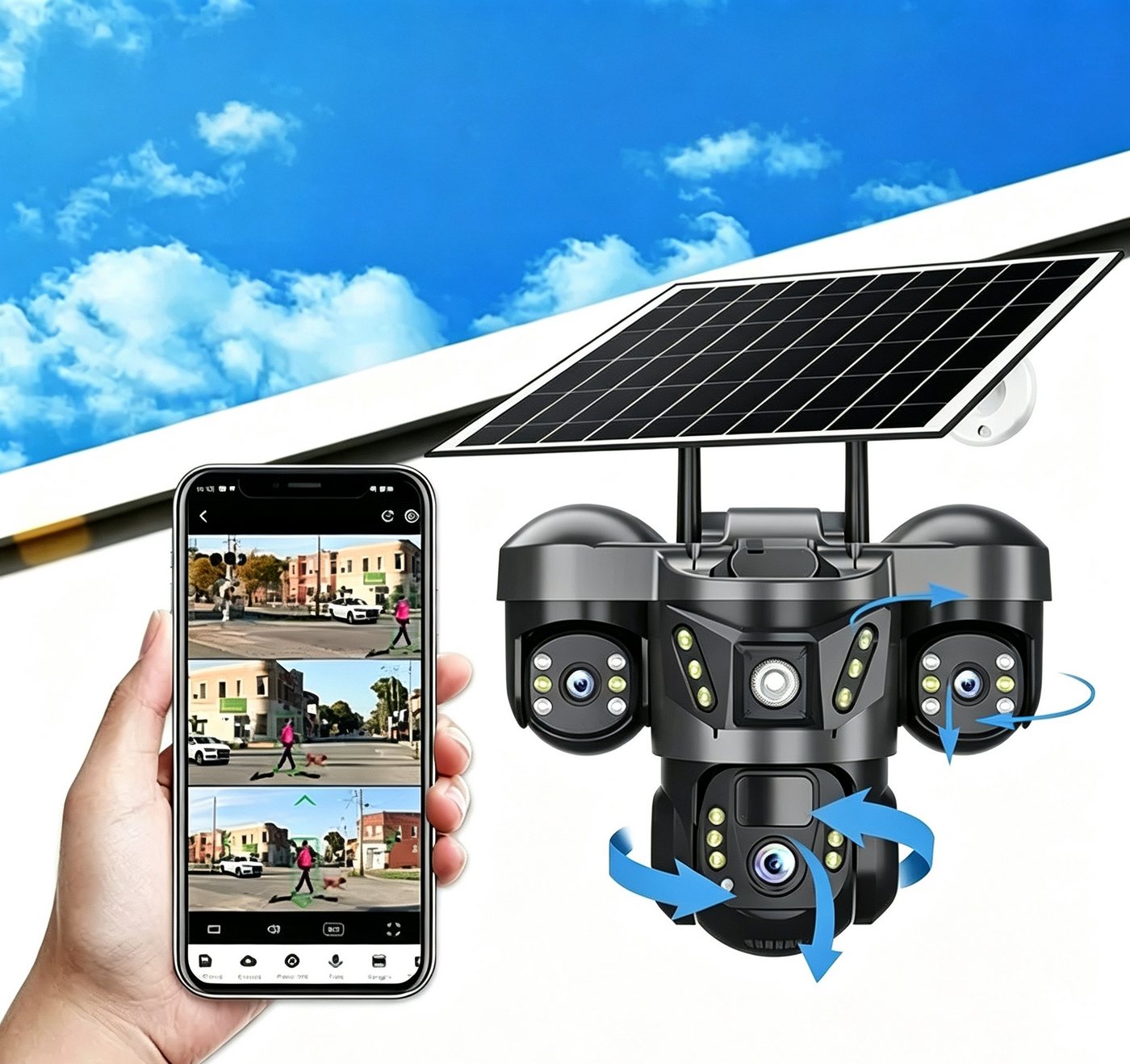 ANTCOOL Überwachungskamera Solar Überwachungskamera 3‑Objektiv WLAN PTZ 360° Nachtsicht Außen Bild 3