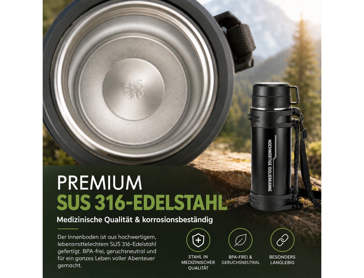 BlingBin Isolierflasche Thermosflasche 2L, Doppelwandige Trinkflasche Isolierte Edelstahl, mit Trinkbecher, Tragegriff und Schultergurt für Camping & Outdoor