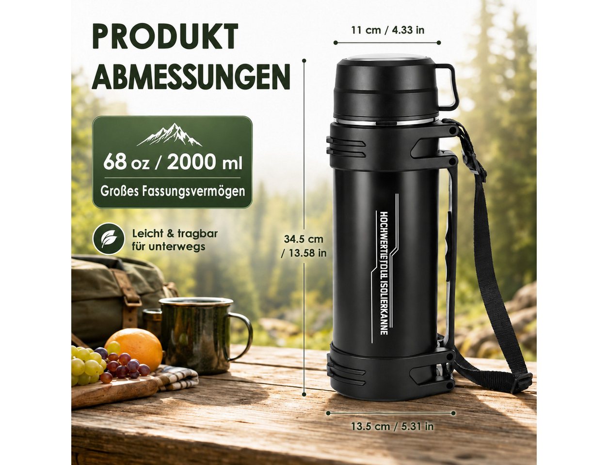 BlingBin Isolierflasche Thermosflasche 2L, Doppelwandige Trinkflasche Isolierte Edelstahl, mit Trinkbecher, Tragegriff und Schultergurt für Camping & Outdoor Bild 3