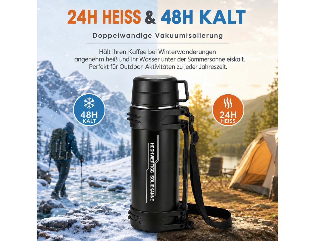 BlingBin Isolierflasche Thermosflasche 2L, Doppelwandige Trinkflasche Isolierte Edelstahl, mit Trinkbecher, Tragegriff und Schultergurt für Camping & Outdoor Bild 4