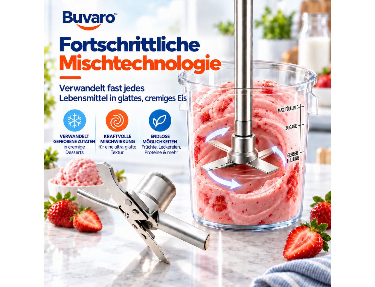 BUVARO Eismaschine Dessertmaschine, 9 Programmen, mit 3×430ML Behältern, 0,43 l, 700 W, mit Mix-In-Funktion,für Eiscreme, Gelato, Sorbet, Milchshakes und mehr