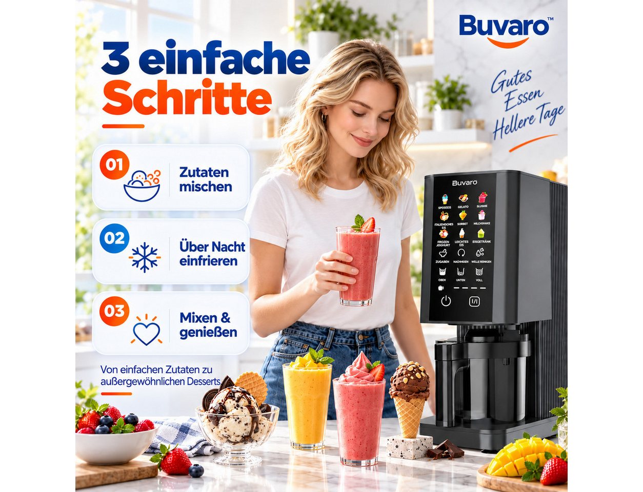 BUVARO Eismaschine Dessertmaschine, 9 Programmen, mit 3×430ML Behältern, 0,43 l, 700 W, mit Mix-In-Funktion,für Eiscreme, Gelato, Sorbet, Milchshakes und mehr Bild 2