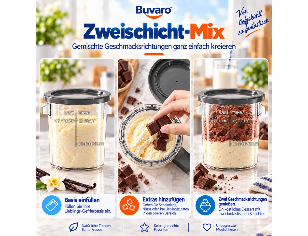 BUVARO Eismaschine Dessertmaschine, 9 Programmen, mit 3×430ML Behältern, 0,43 l, 700 W, mit Mix-In-Funktion,für Eiscreme, Gelato, Sorbet, Milchshakes und mehr Bild 3