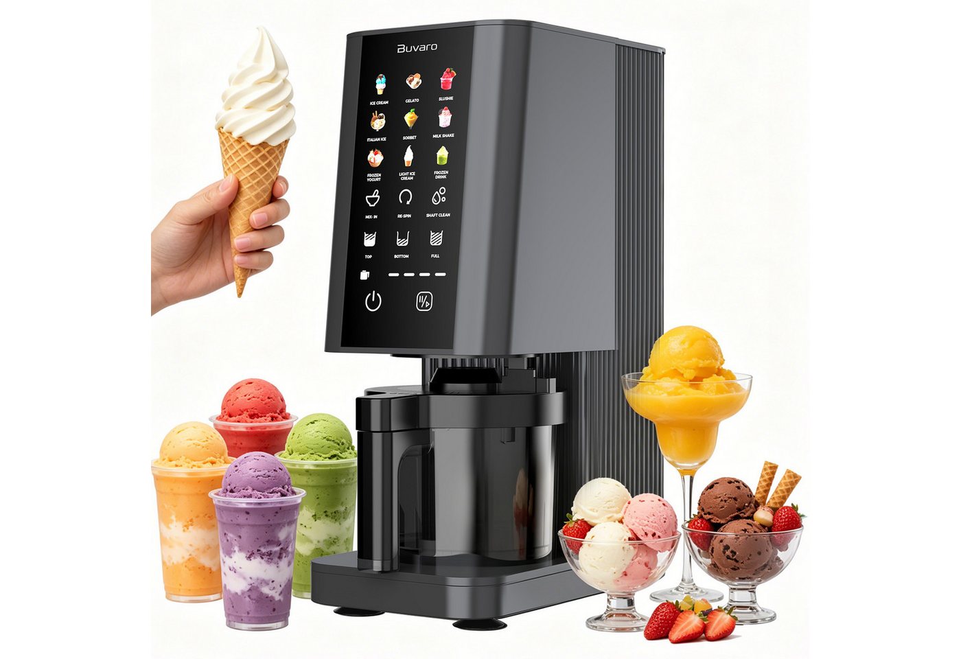 BUVARO Eismaschine Dessertmaschine, 9 Programmen, mit 3×430ML Behältern, 0,43 l, 700 W, mit Mix-In-Funktion,für Eiscreme, Gelato, Sorbet, Milchshakes und mehr Bild 4
