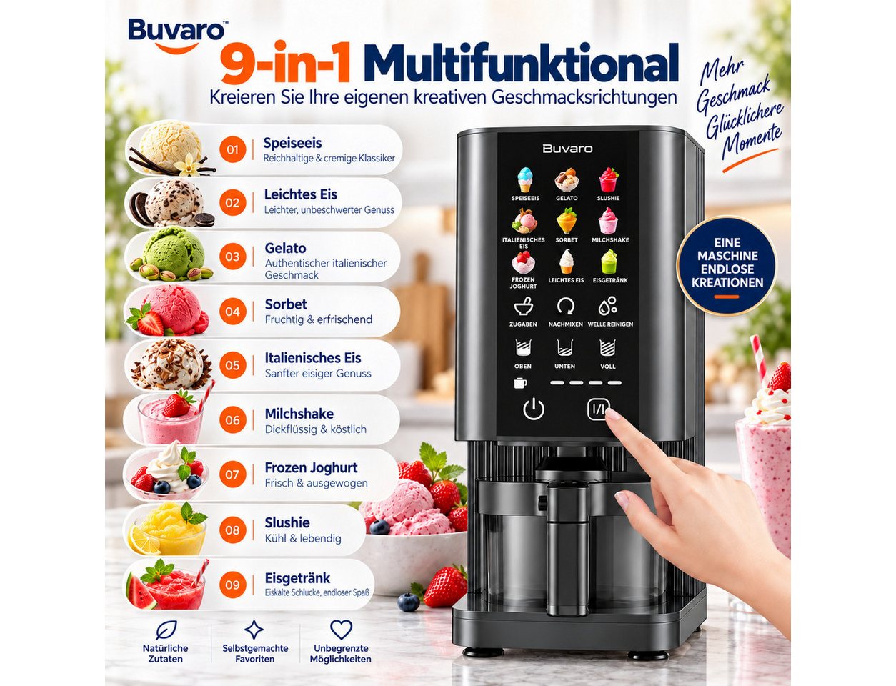 BUVARO Eismaschine Dessertmaschine, 9 Programmen, mit 3×430ML Behältern, 0,43 l, 700 W, mit Mix-In-Funktion,für Eiscreme, Gelato, Sorbet, Milchshakes und mehr Bild 5