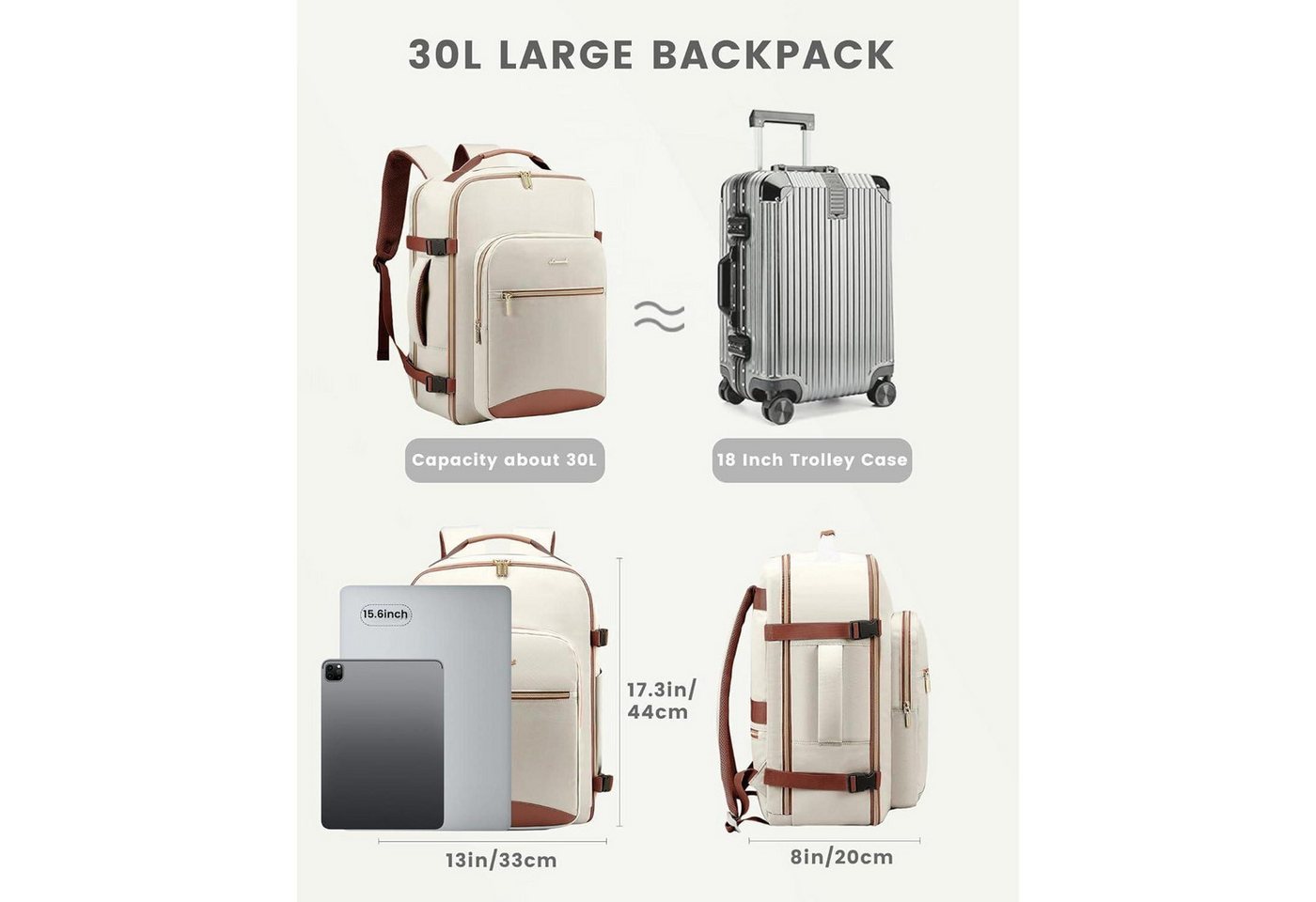 LuxusKollektion Reiserucksack Handgepäck Rucksack 40L Damen Wasserdicht Reisetasche 17 Zoll Laptop Bild 3