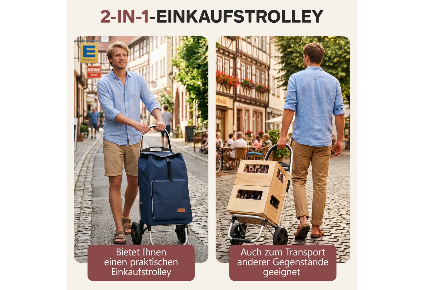 Sekey Einkaufstrolley Aluminium 2-in-1 Faltbar Einkaufstrolley Treppensteiger mit Kühltasche, 50 l Faltbar Einkaufsroller mit großen Rädern und Sackkarren-Funktion Bild 2