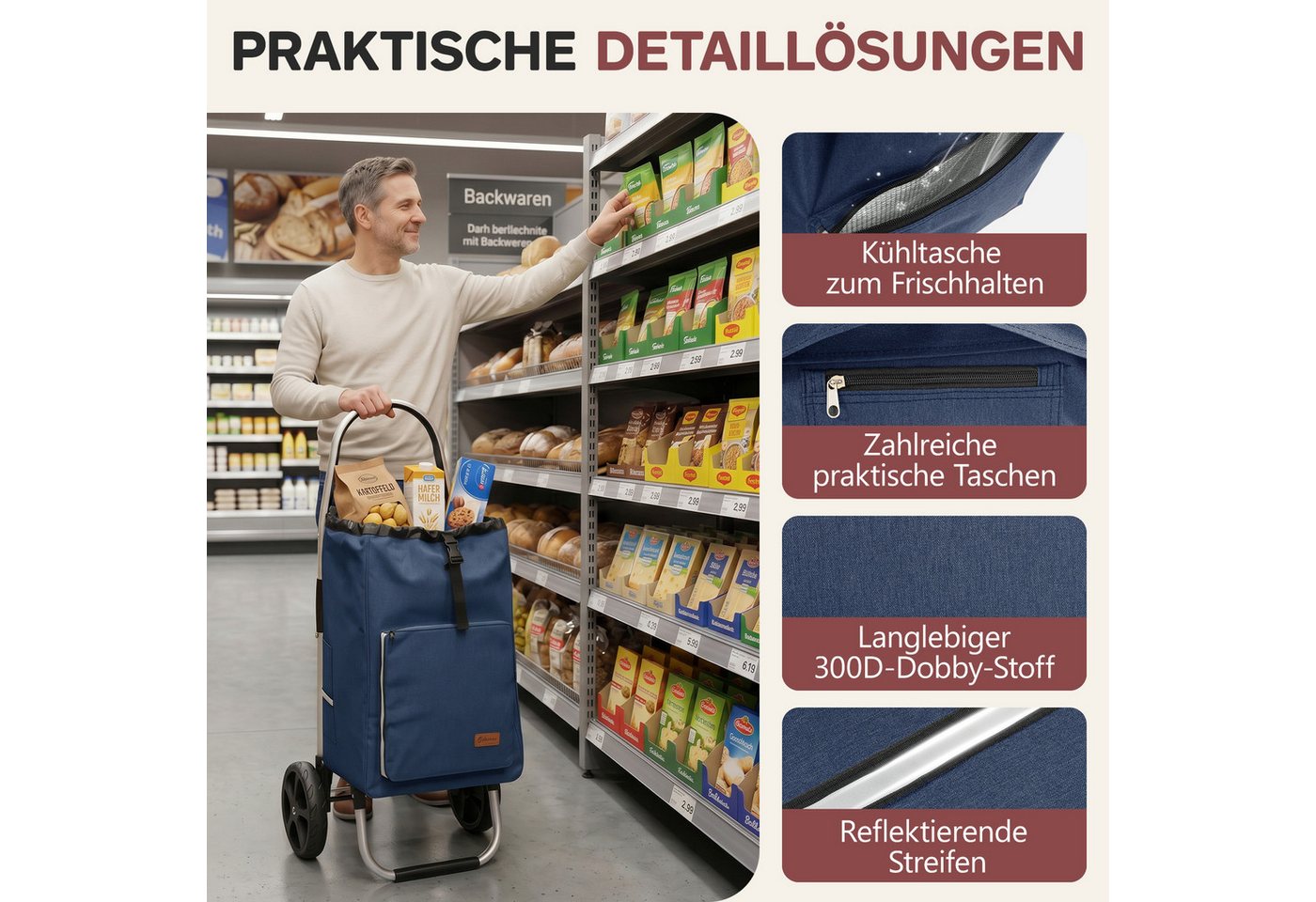 Sekey Einkaufstrolley Aluminium 2-in-1 Faltbar Einkaufstrolley Treppensteiger mit Kühltasche, 50 l Faltbar Einkaufsroller mit großen Rädern und Sackkarren-Funktion Bild 4