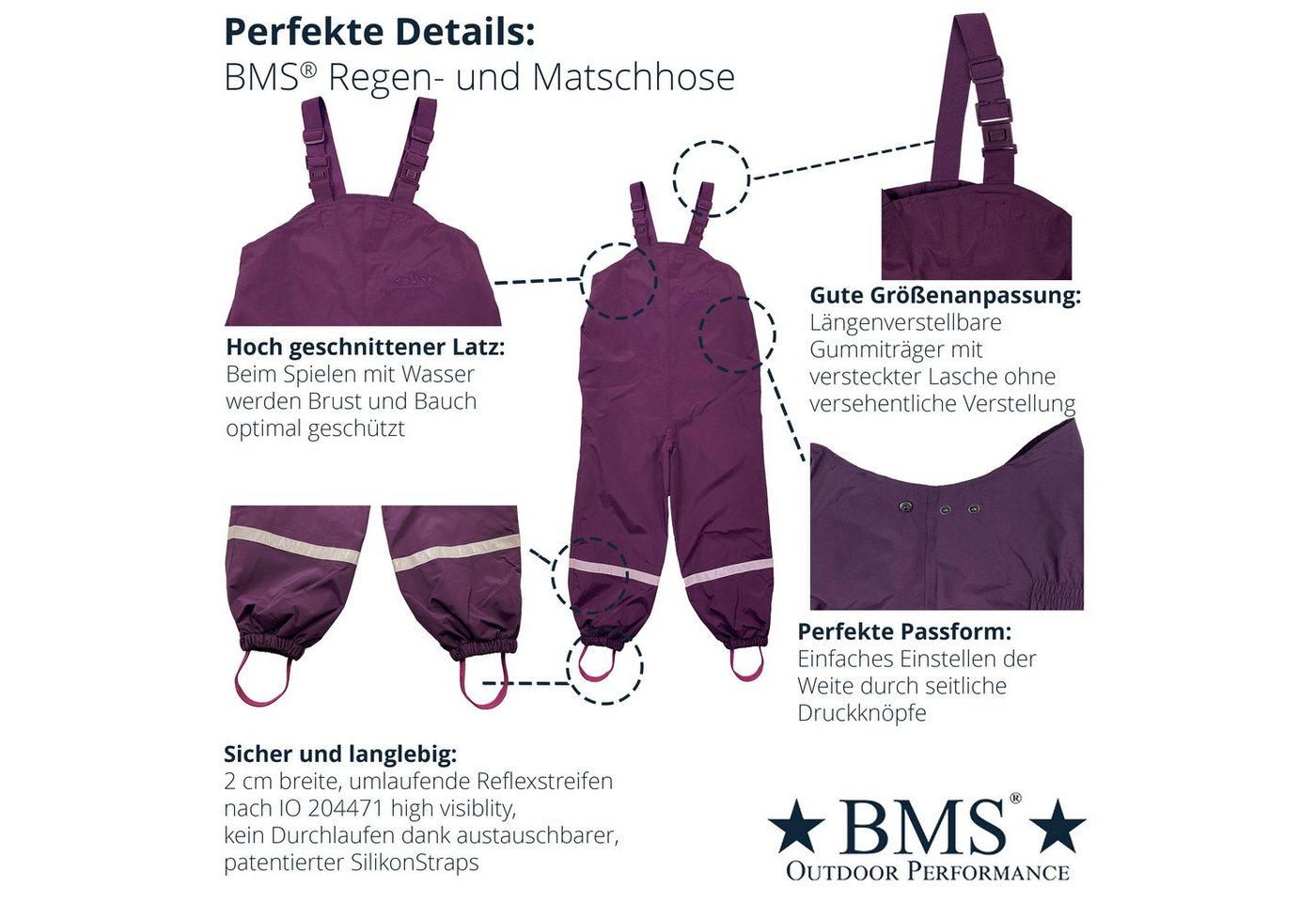 BMS Regen- und Matschhose atmungsaktive Regenlatzhose für Kinder - 100% wasserdicht atmungsaktiv & robust Bild 4