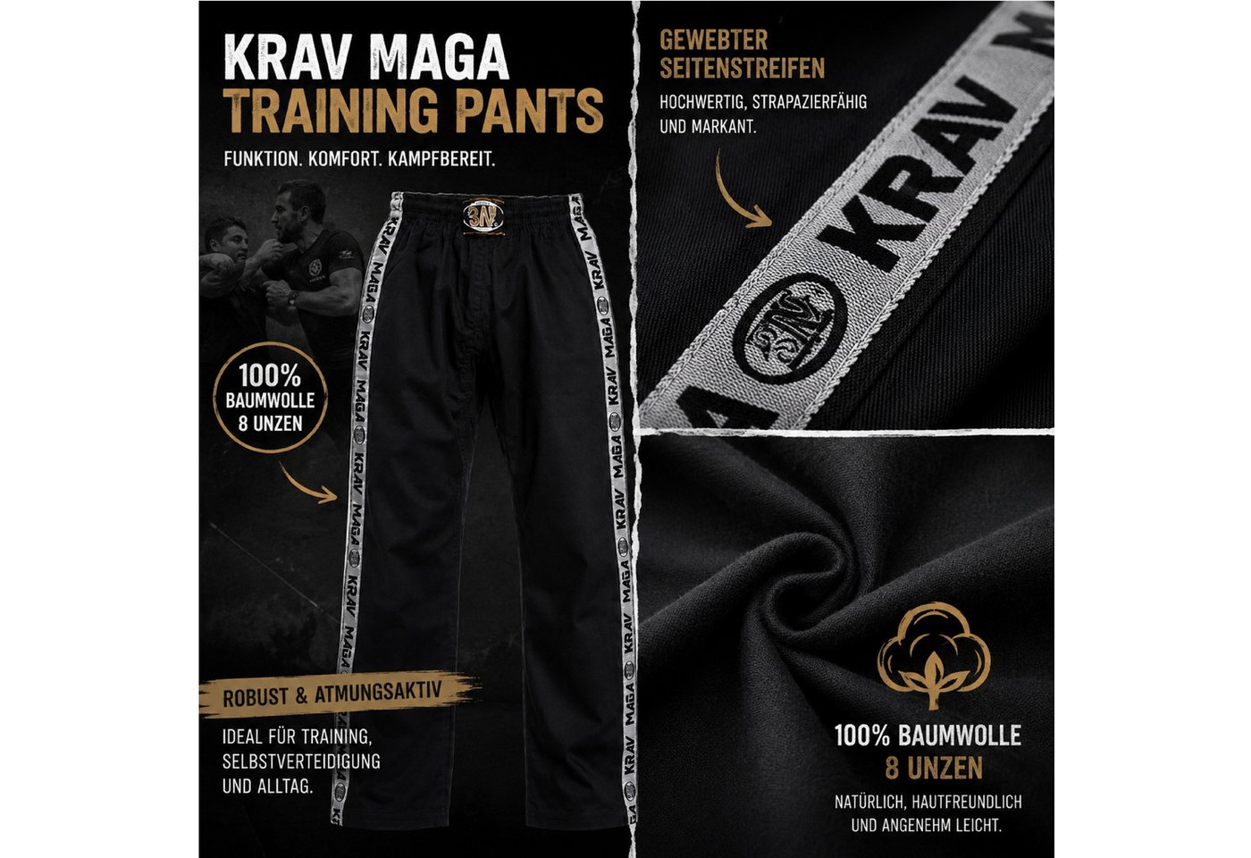 BAY-Sports Sporthose Kampfsporthose KRAV MAGA STRIPES Hose lang Kampfsport 100 % Baumwolle, 8 Unzen, weiter Schnitt, Trainingshose Schwarz/Grau Bild 2
