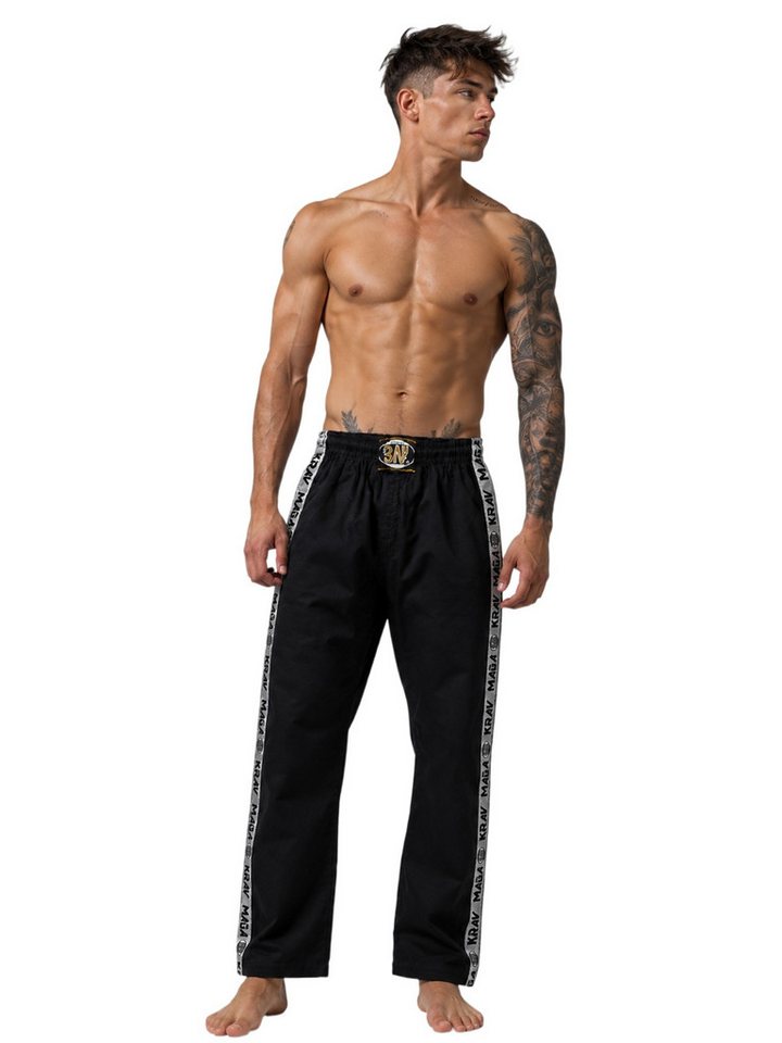 BAY-Sports Sporthose Kampfsporthose KRAV MAGA STRIPES Hose lang Kampfsport 100 % Baumwolle, 8 Unzen, weiter Schnitt, Trainingshose Schwarz/Grau Bild 5