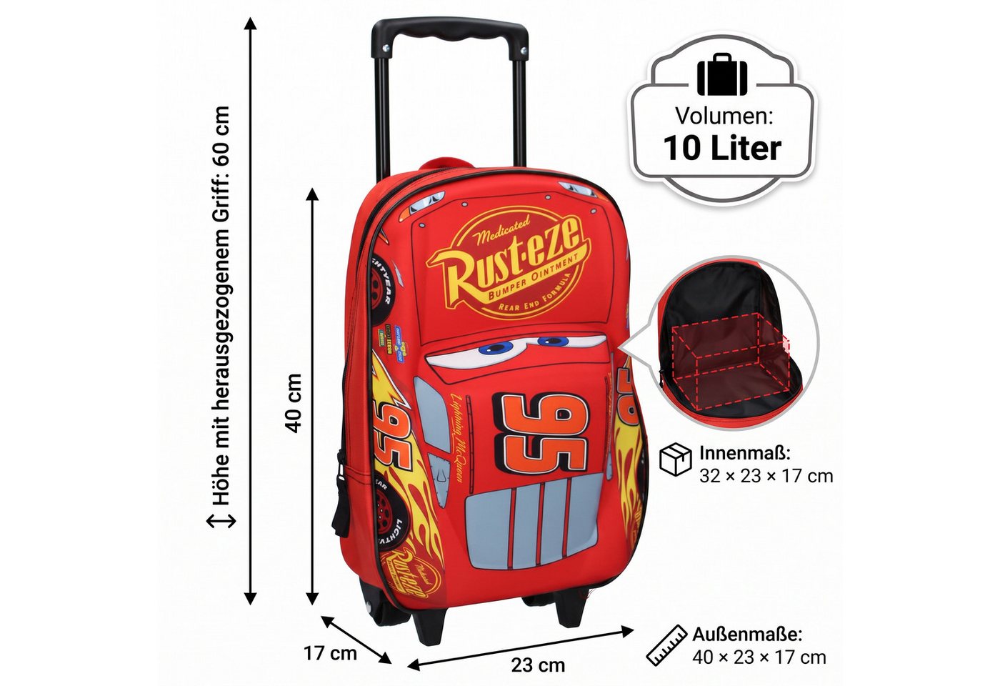 Disney Cars Kinderrucksack Trolley Kindertrolley Auto lightning McQueen, Leichter 2-in-1 Trolley-Rucksack mit 3D Motiv Bild 3