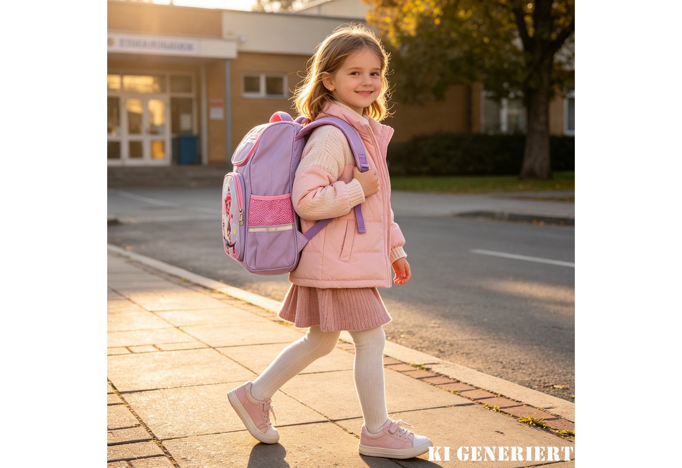 MIRROSI Schulranzen Kinder Schulranzen Rucksack 34x41x16 cm mit Motiv, Reflektorstreifen & Seitenfächern, gepolsterter Schulrucksack
