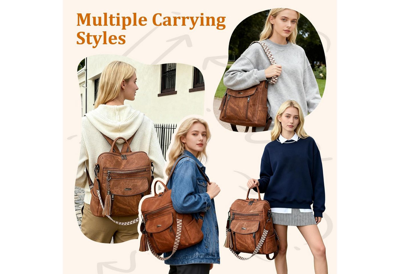 inschimmer Cityrucksack Rucksakck Damen Vintage Cityrucksack Tagesrucksack für Arbeit Schule