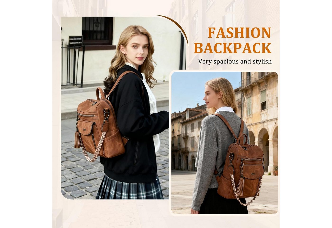 inschimmer Cityrucksack Rucksakck Damen Vintage Cityrucksack Tagesrucksack für Arbeit Schule Bild 3