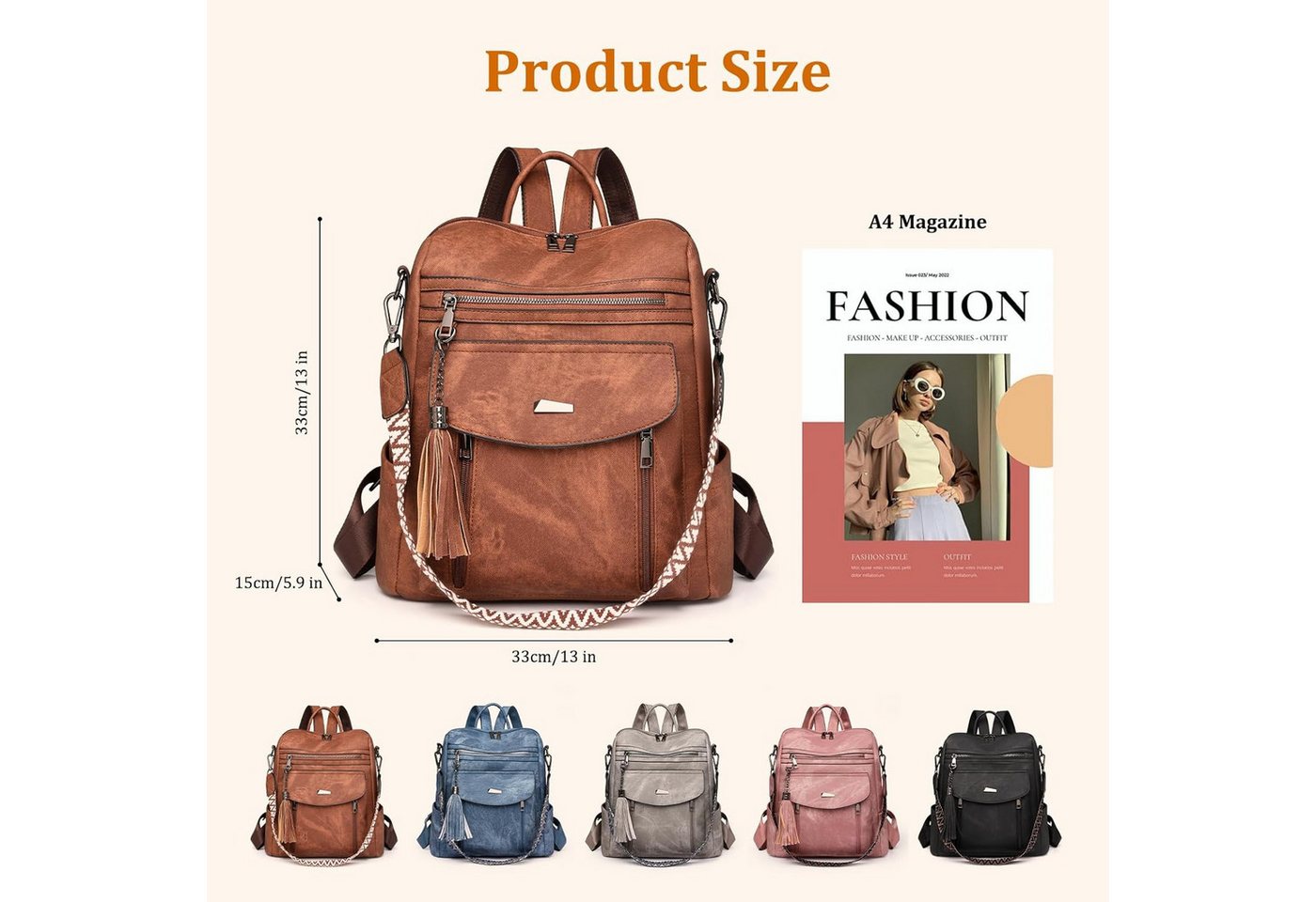inschimmer Cityrucksack Rucksakck Damen Vintage Cityrucksack Tagesrucksack für Arbeit Schule Bild 5