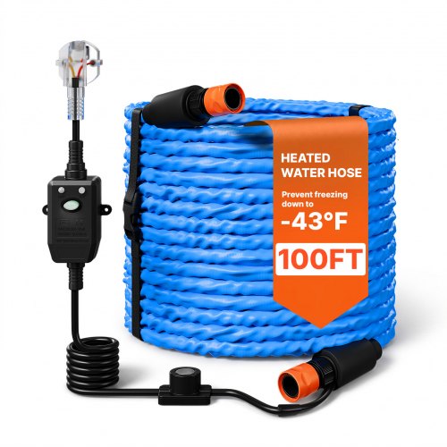 VEVOR Beheizter Wasserschlauch für Wohnmobile 30,48 m, Trinkwasserschlauch für Waschen, Duschen, mit Thermostat, –43 °C Frostsicher, FI-Schalter, Gewellter Oberfläche, 16 mm Innendurchmesser