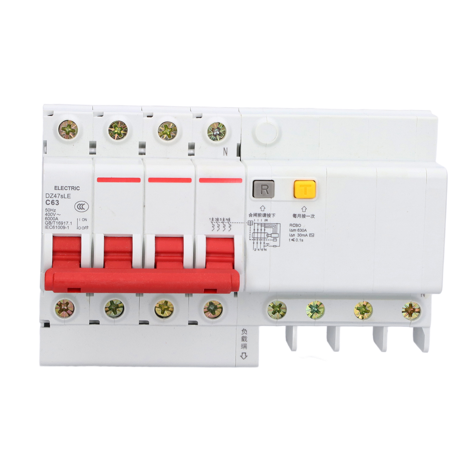 Miniatur-leistungsschalter 4p+n 63a Ac 400v Mit Fehlerstromschutzschalter Dz47sle C63