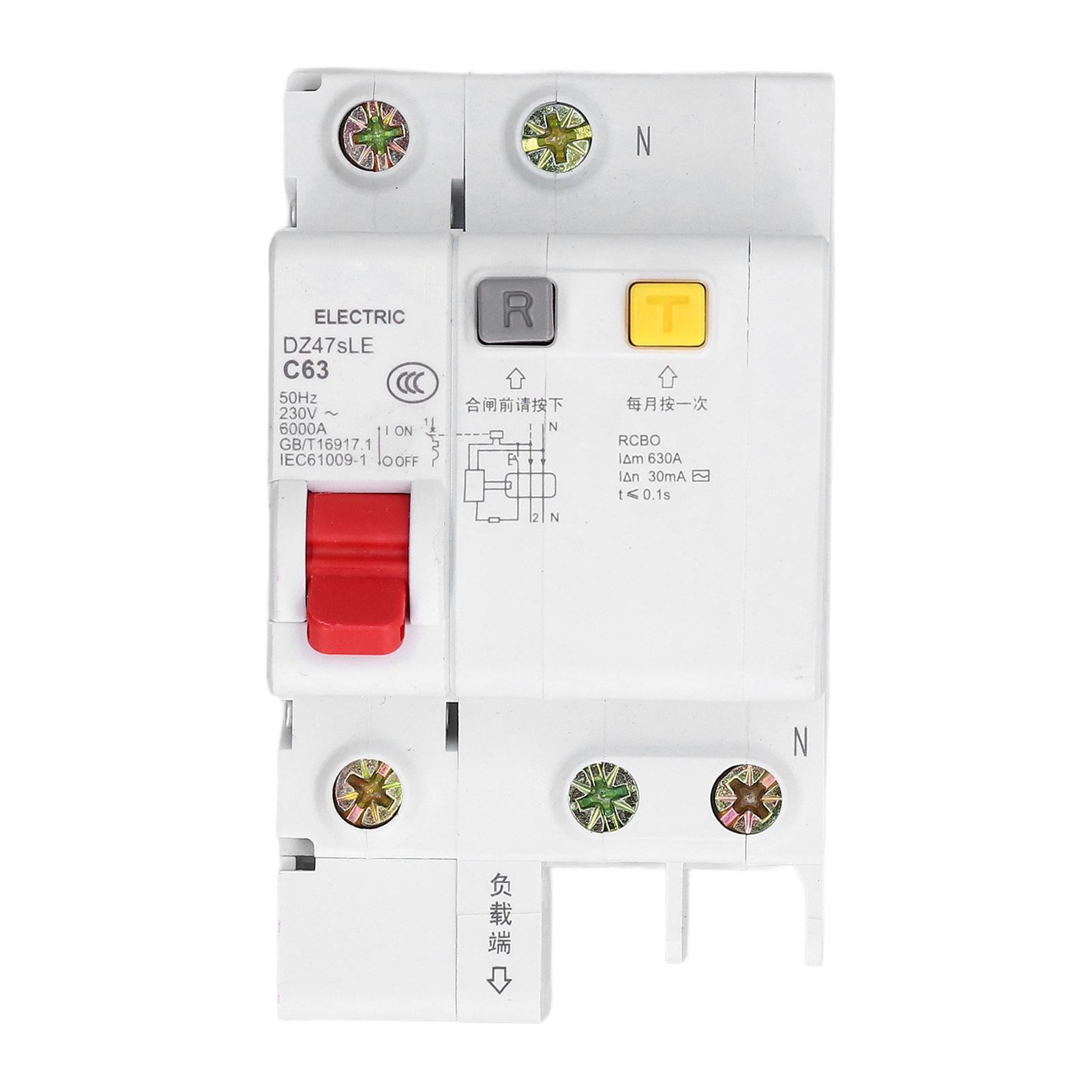 63a 1p+n 230v Fehlerstromschutzschalter Für Din-schiene, Fehlerstromschutz, Modell Dz47sle C63