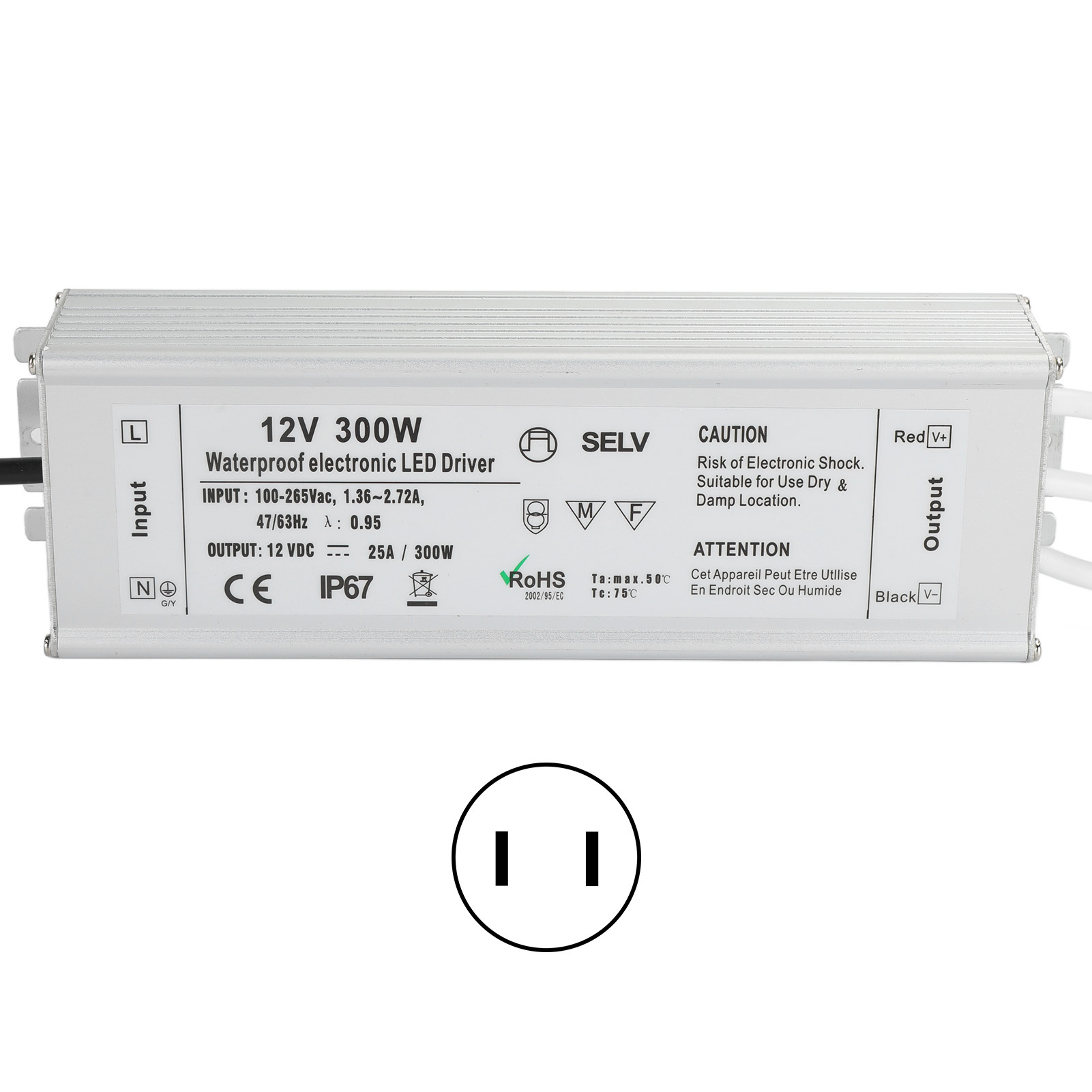 Ip67 Wasserdichtes 300-w-led-netzteil, 12-v-transformator (0–25 A), 100–265-v-netzadapter Für Außenbeleuchtung