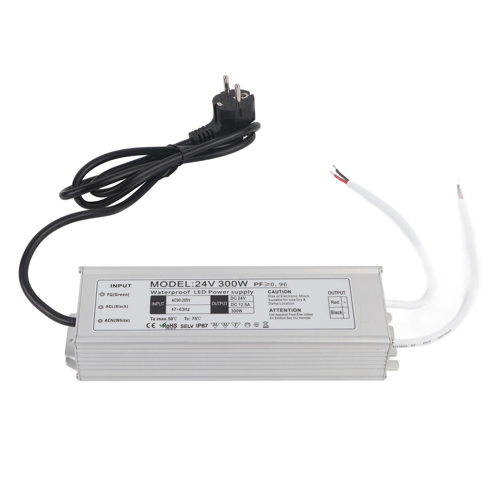 Ip67 Wasserdichtes 300-w-led-netzteil, 24-v-transformator (0–12,5 A), Eu-stecker (ac 100–265 V), Konstantspannungsadapter