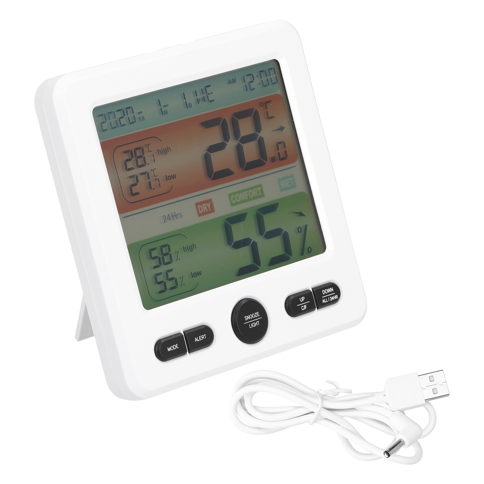 Ts-6211 Weißes Digitales Thermometer-hygrometer Mit Großem Display Und Uhr Sowie Anzeige Von Innentemperatur Und Luftfeuchtigkeit