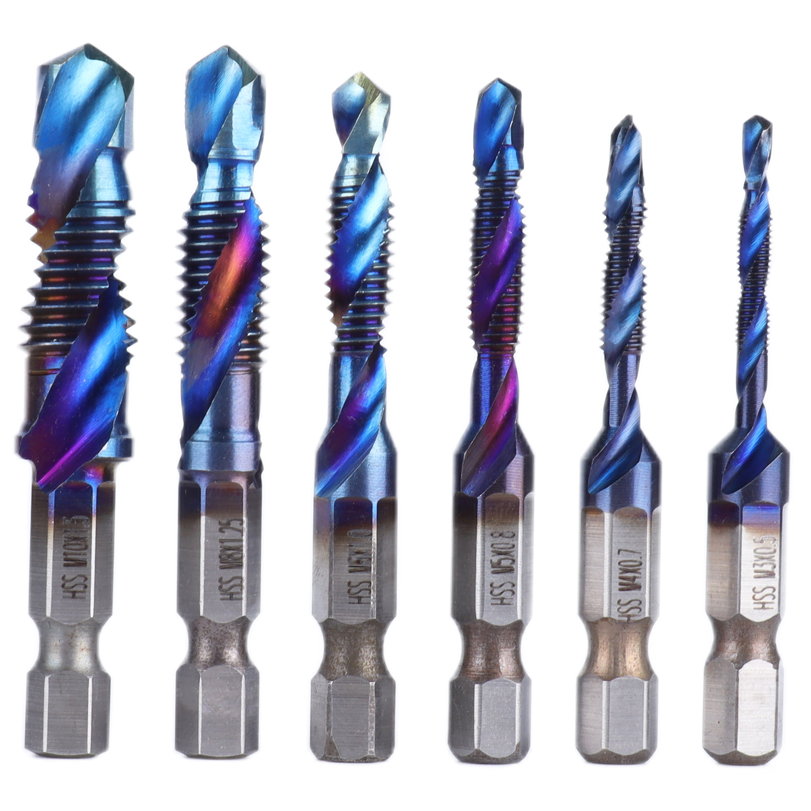 6-teiliges Set Sechseckiger, Blau Beschichteter Spiralgewindebohrer Für Weichmetalle