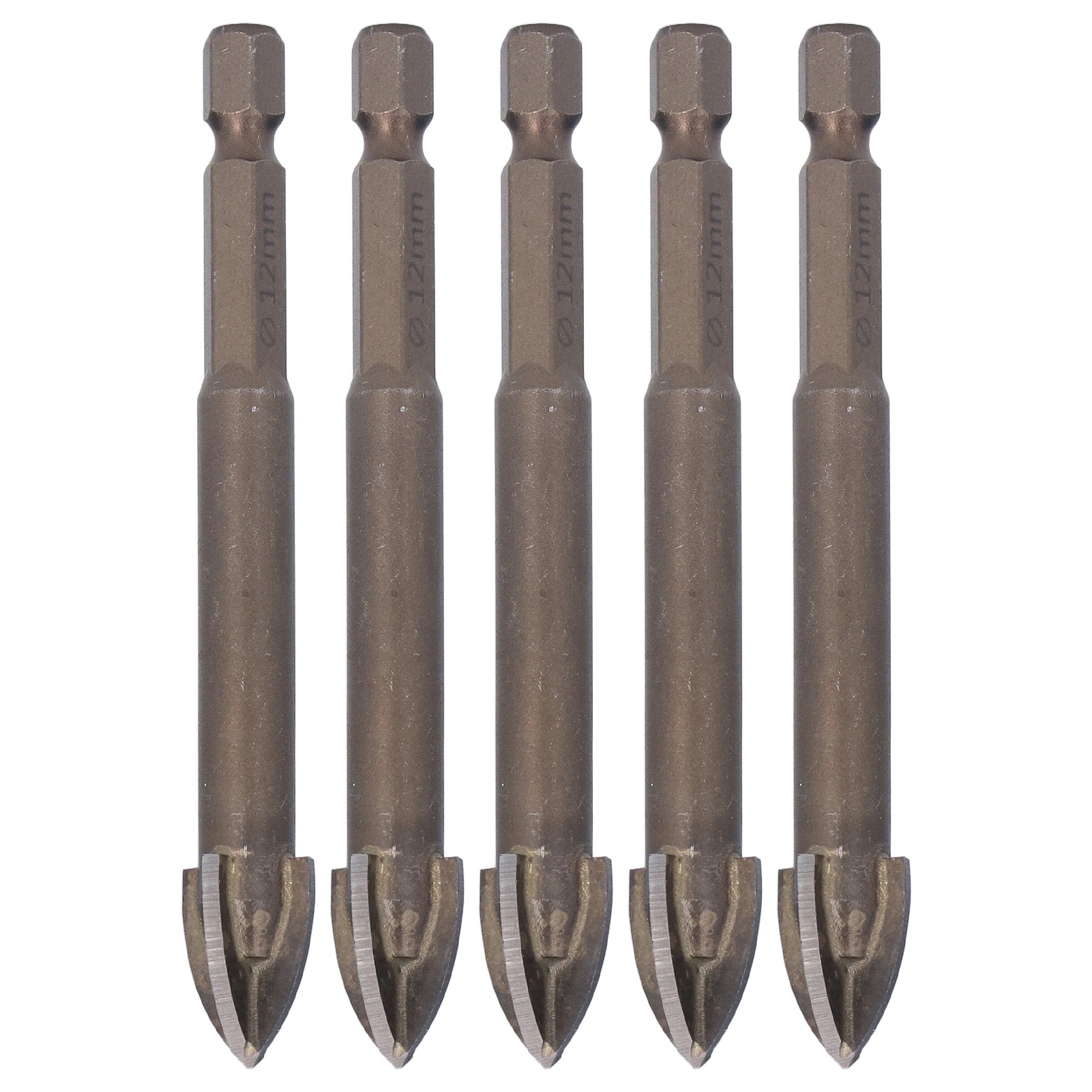 5-teiliges 1/4-zoll-sechskant-kreuzbohrer-set Für Keramik, Glas Und Beton – 12 Mm Hartmetallwerkzeug
