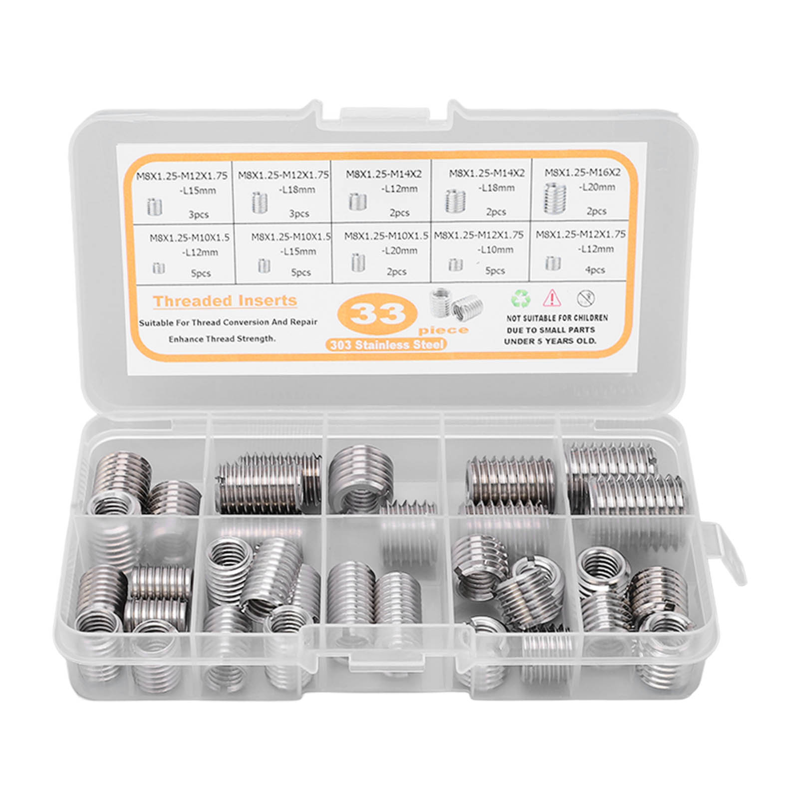 Satz Mit 33 Gewindeeinsätzen, Reduzierstücken Und Reparaturhülsen Aus Edelstahl M8x1,25