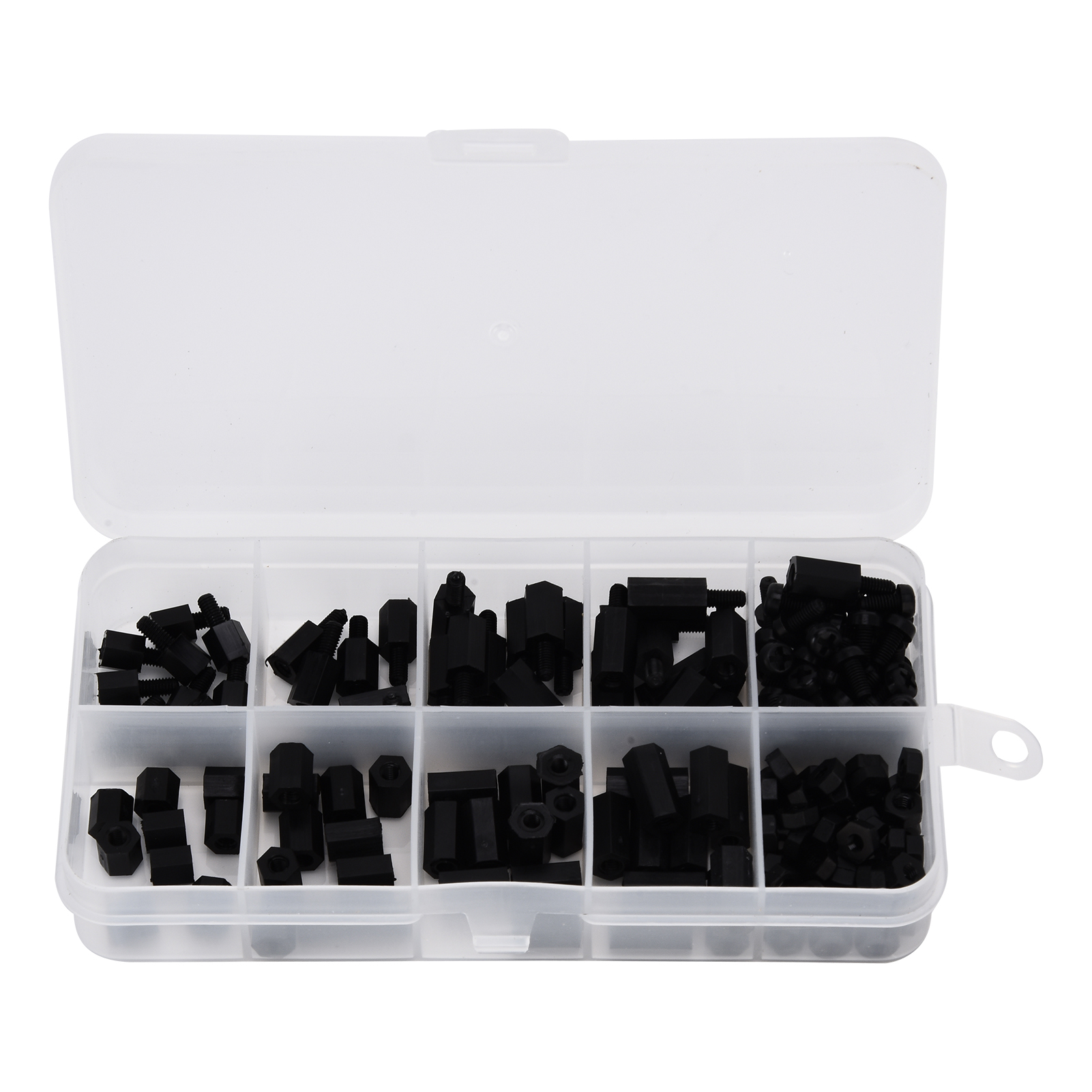 180-teiliges Set Aus Schwarzen Nylon-m3-sechskantschrauben (einfach/doppelt), Muttern, Distanzstücken Und Verschiedenen Befestigungselementen.