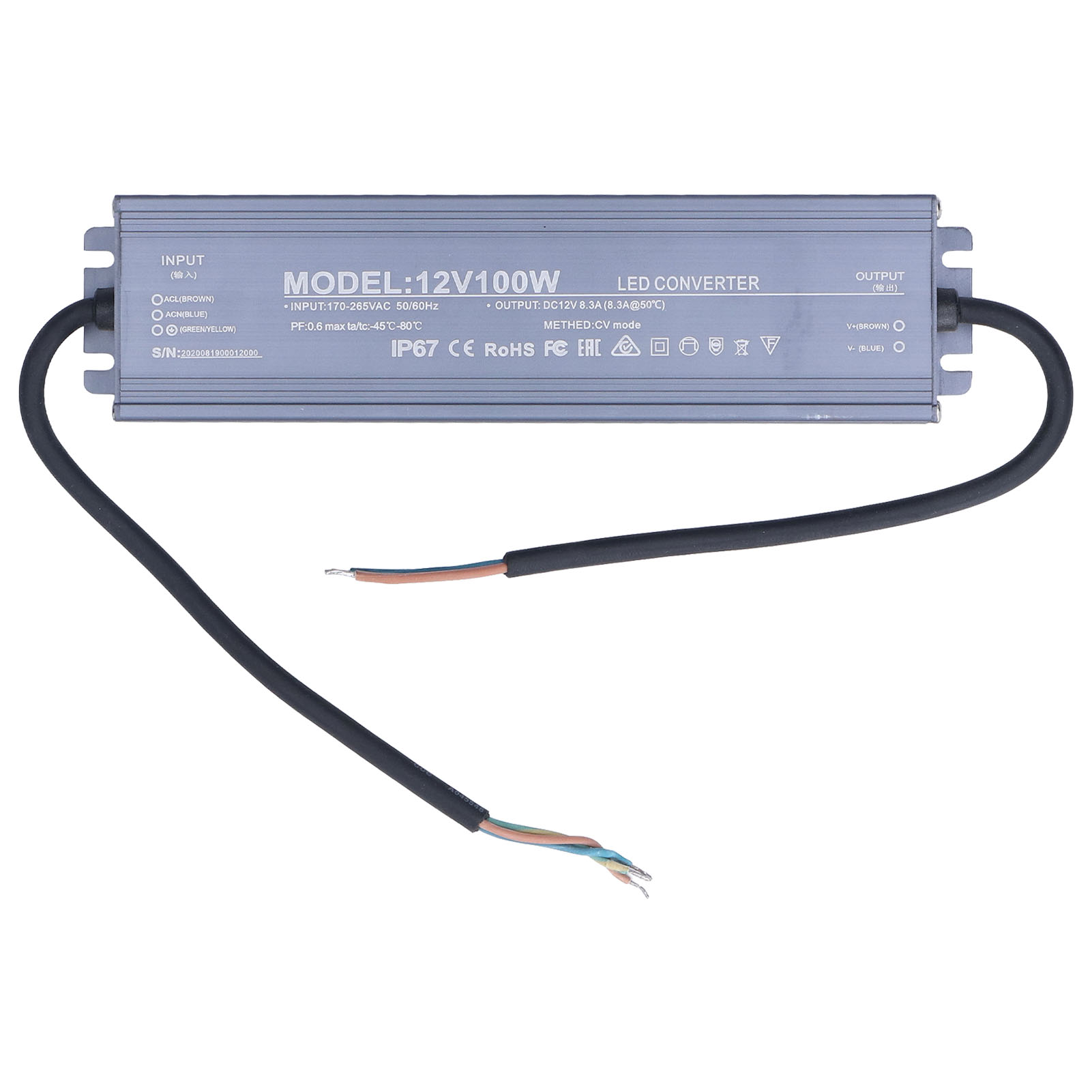 Ip67 Wasserdichtes Led-netzteil, Kupferkernkabel, 12v 8,3a Transformator, 170-265v Ac Eingang