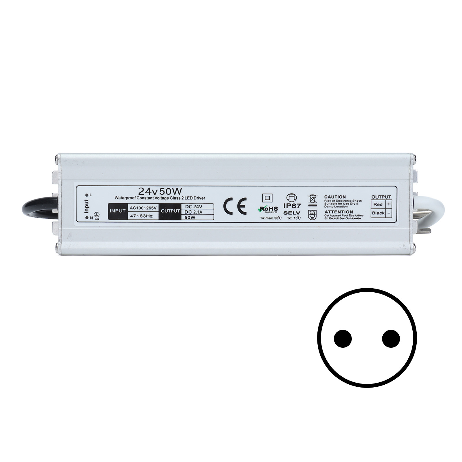 Ip67 Wasserdichtes Led-netzteil, 100–265 V, 50-w-transformator Für 24-v-led-streifen, Eu-stecker