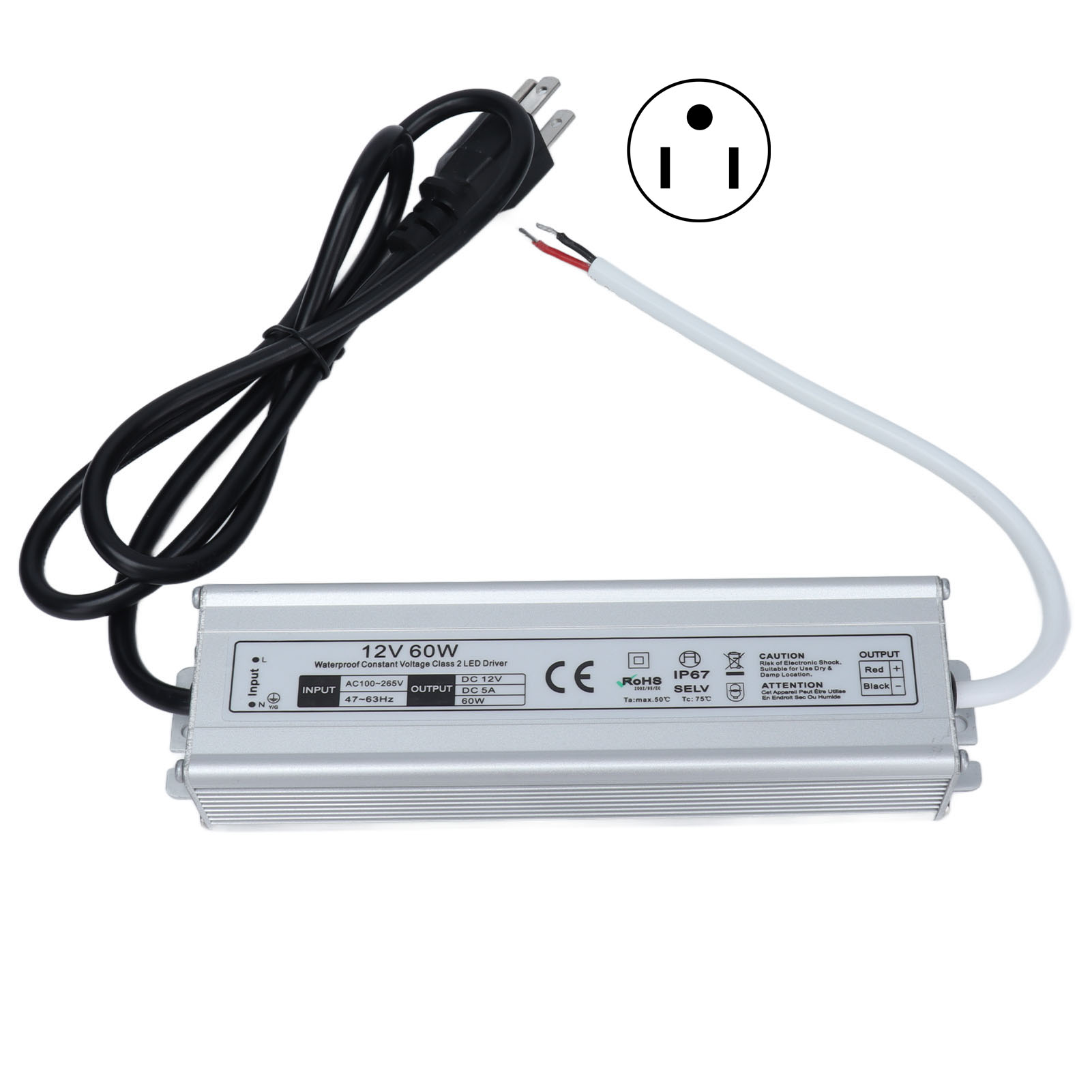 60-w-led-netzteil, Wasserdicht (ip67) – 12-v-ac-transformator (100–265 V) – Netzteil Für Wasserdichte Led-streifen