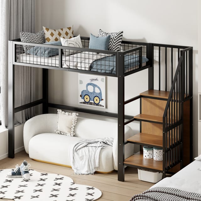 90x200 Hochbett Mit Stauraumleiter Und Aufbewahrungsregal,jugendbett Mit Kleiderschrank Und Geländer,einzelbett Aus Eisen,ohne Matratze,schwarz