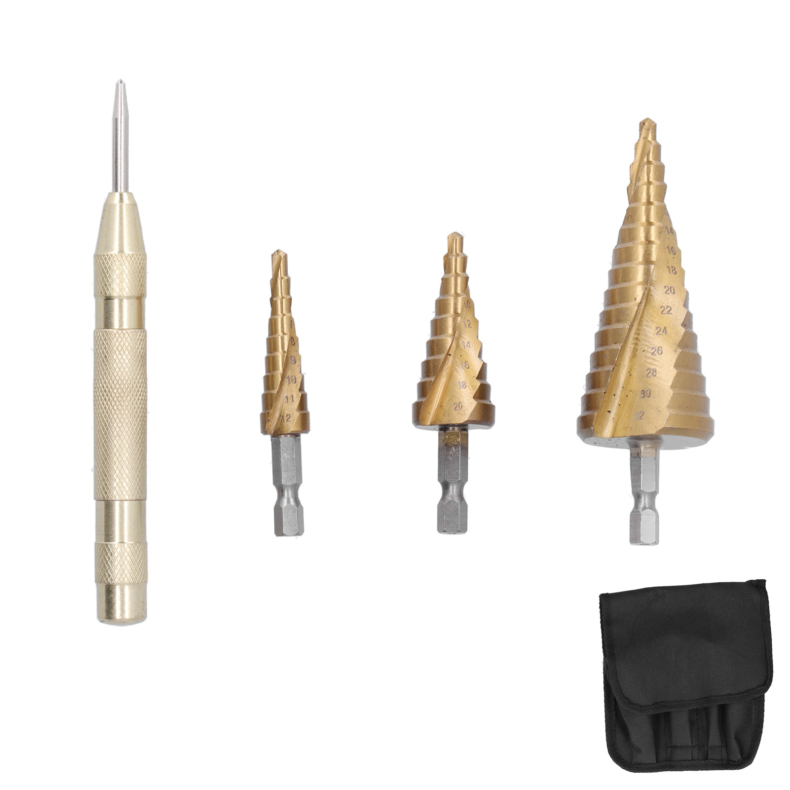 3-teiliges Professionelles Hss-stufenbohrer-set (metrisch, 4–32 Mm) + Sechskant-zentrierkörner