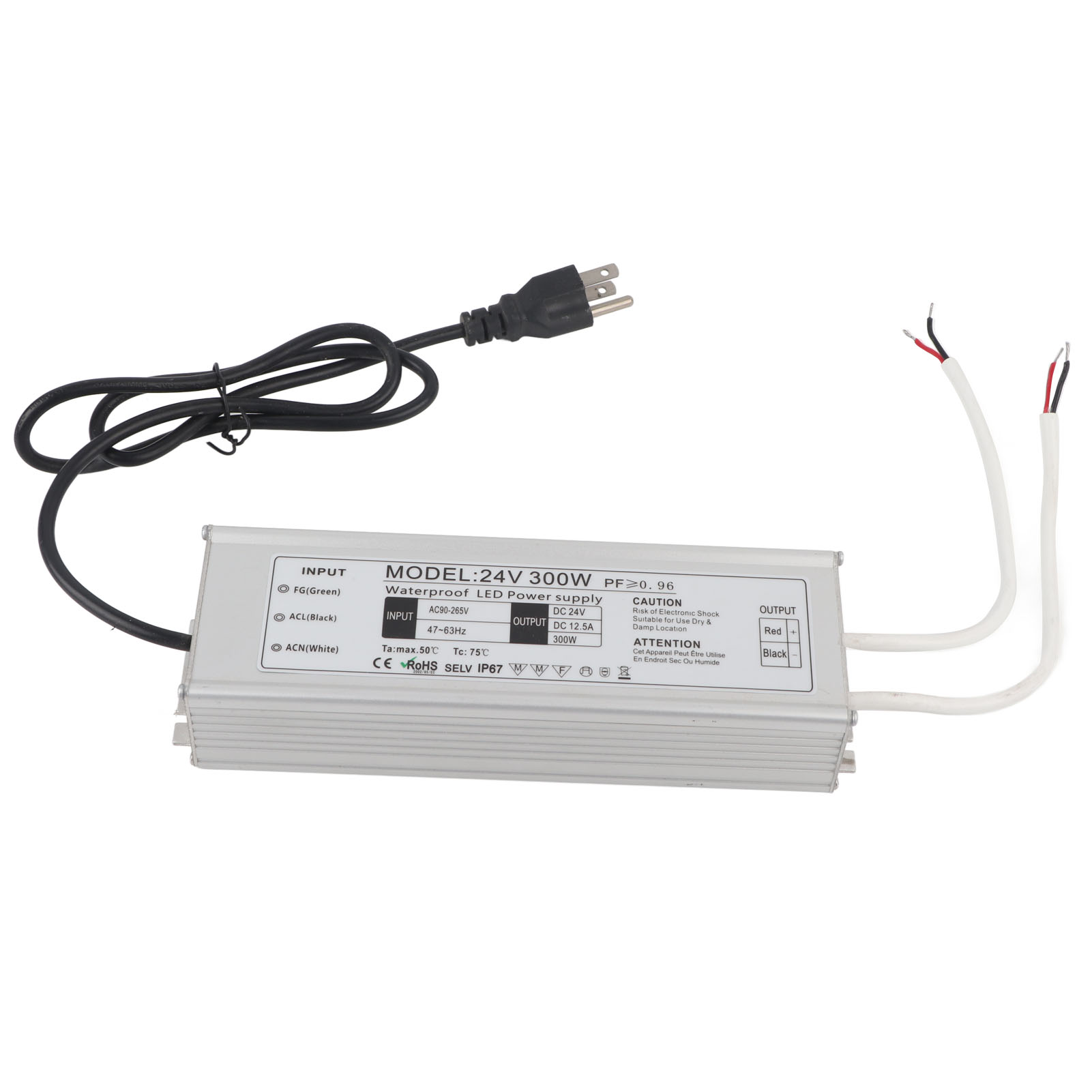 Ip67 Wasserdichtes 300-w-led-netzteil (24 V, 0–12,5 A), Ac100–265-v-konstantspannungstransformator Mit Us-stecker