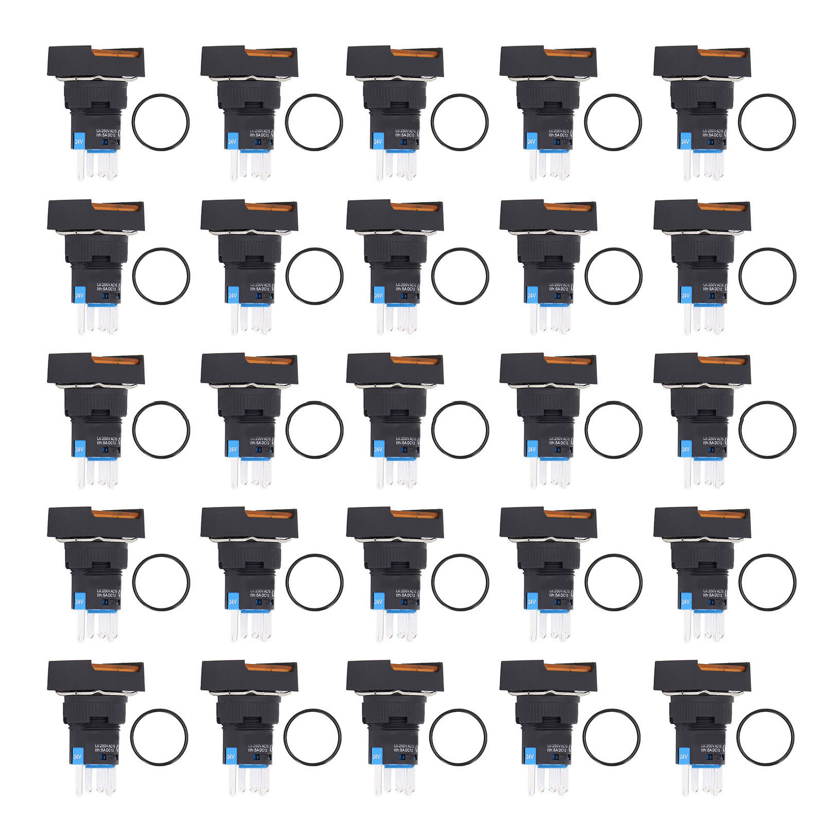 Set Mit 25 Quadratischen 16-mm-drucktastenschaltern Mit Kontrollleuchte, Automatischer Und Kurzzeitiger Verriegelung, 24 V, Gelb.