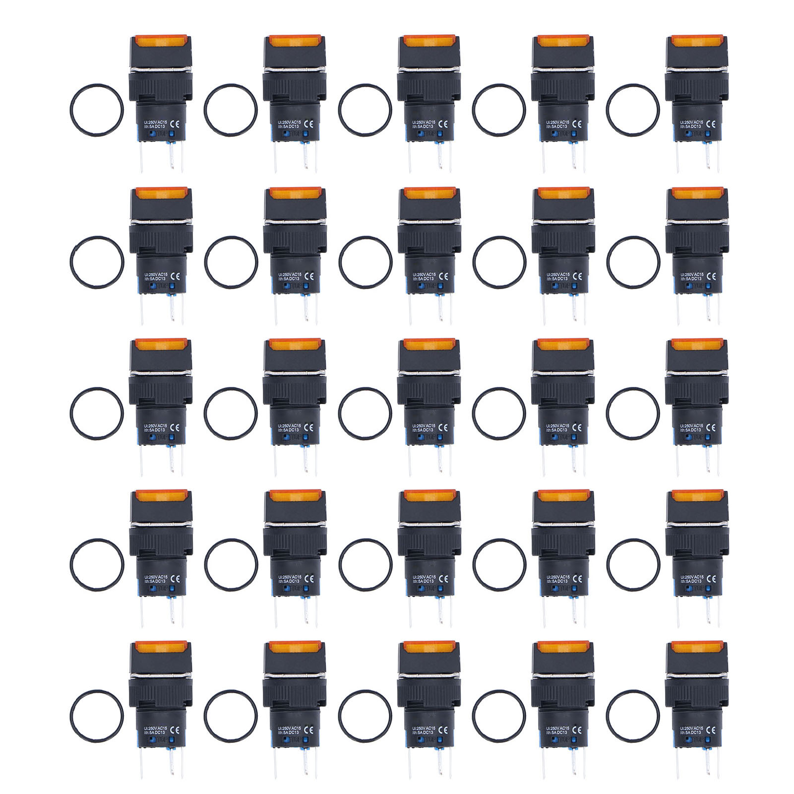 Set Mit 25 Quadratischen 16-mm-drucktastern Mit Gelber 12-v-kontrollleuchte, Mit Automatischer Und Kurzzeitiger Verriegelung