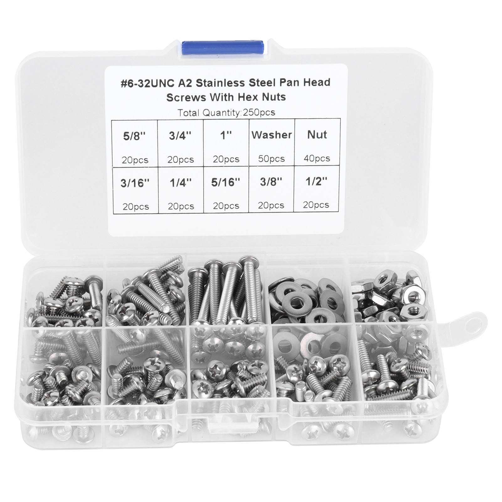 Senkkopfschrauben Aus Edelstahl 304 Mit Sechskantmuttern Und Unterlegscheiben – 250-teiliges Set 6-32unc