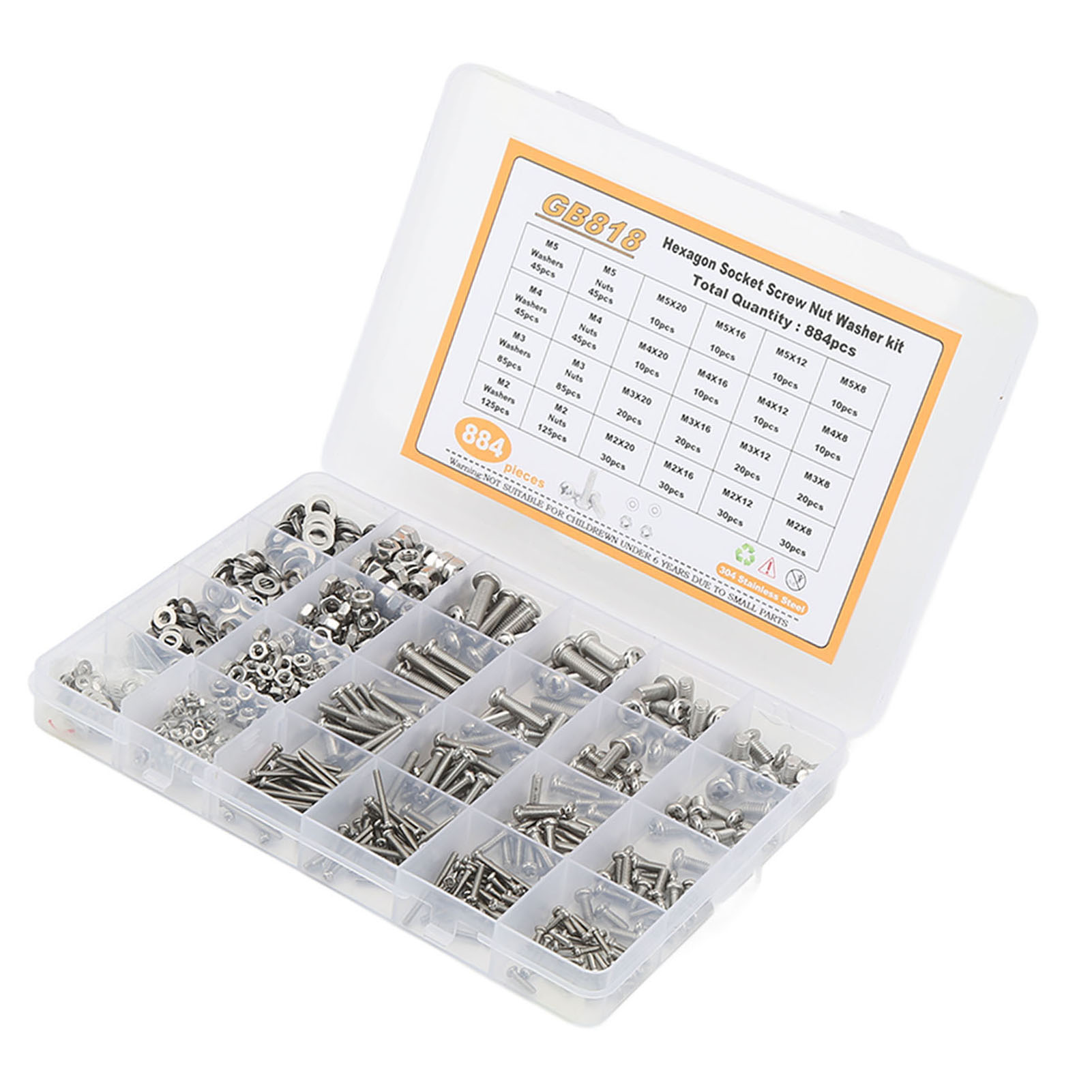 884-teiliges Kreuzschlitzschrauben-set Mit Muttern, Unterlegscheiben Und Innensechskantschlüssel M2, M3, M4, M5 Aus Edelstahl 304