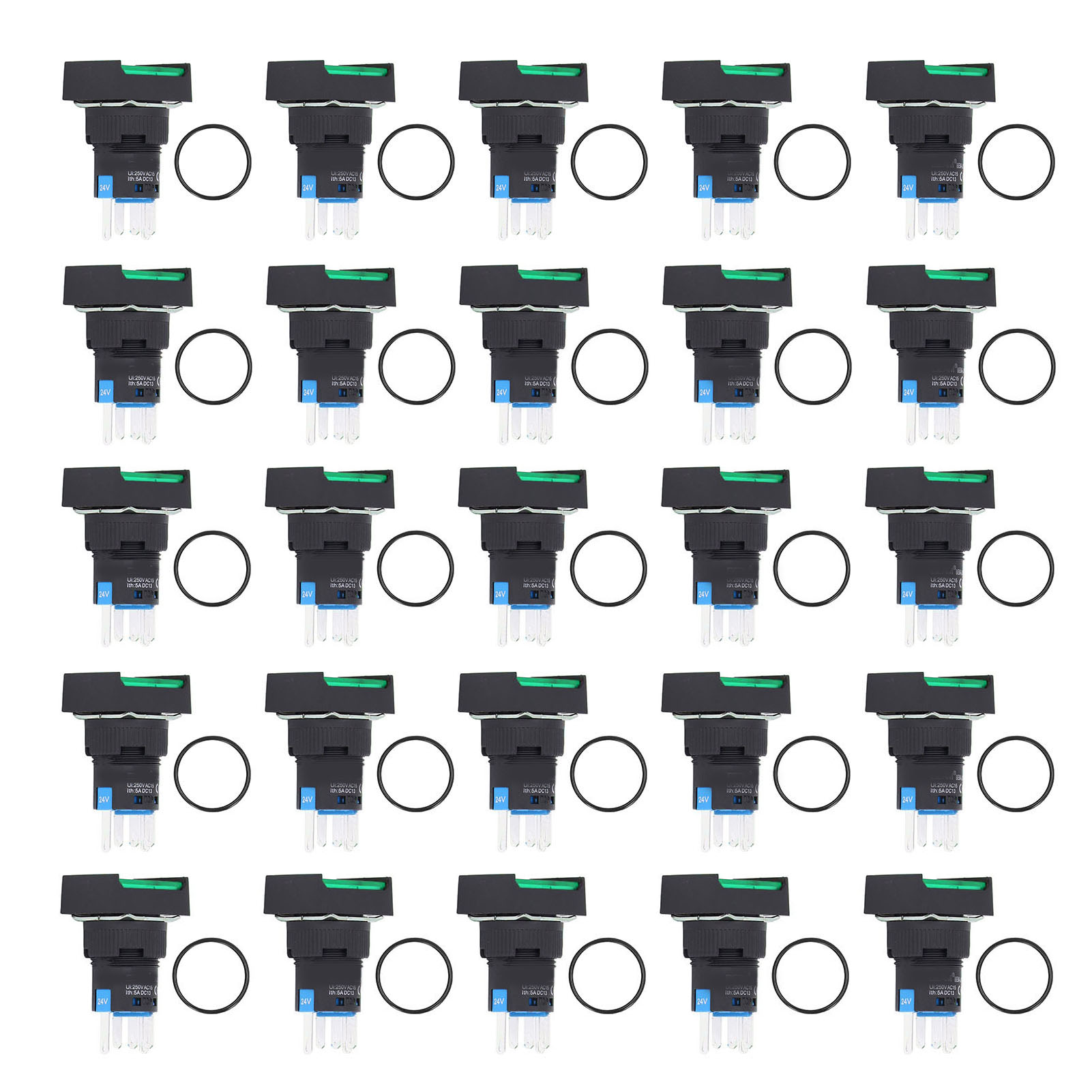 Set Mit 25 Quadratischen 16-mm-drucktastern Mit Kontrollleuchte, Automatischer Und Kurzzeitiger Verriegelung, 24 V, Grün
