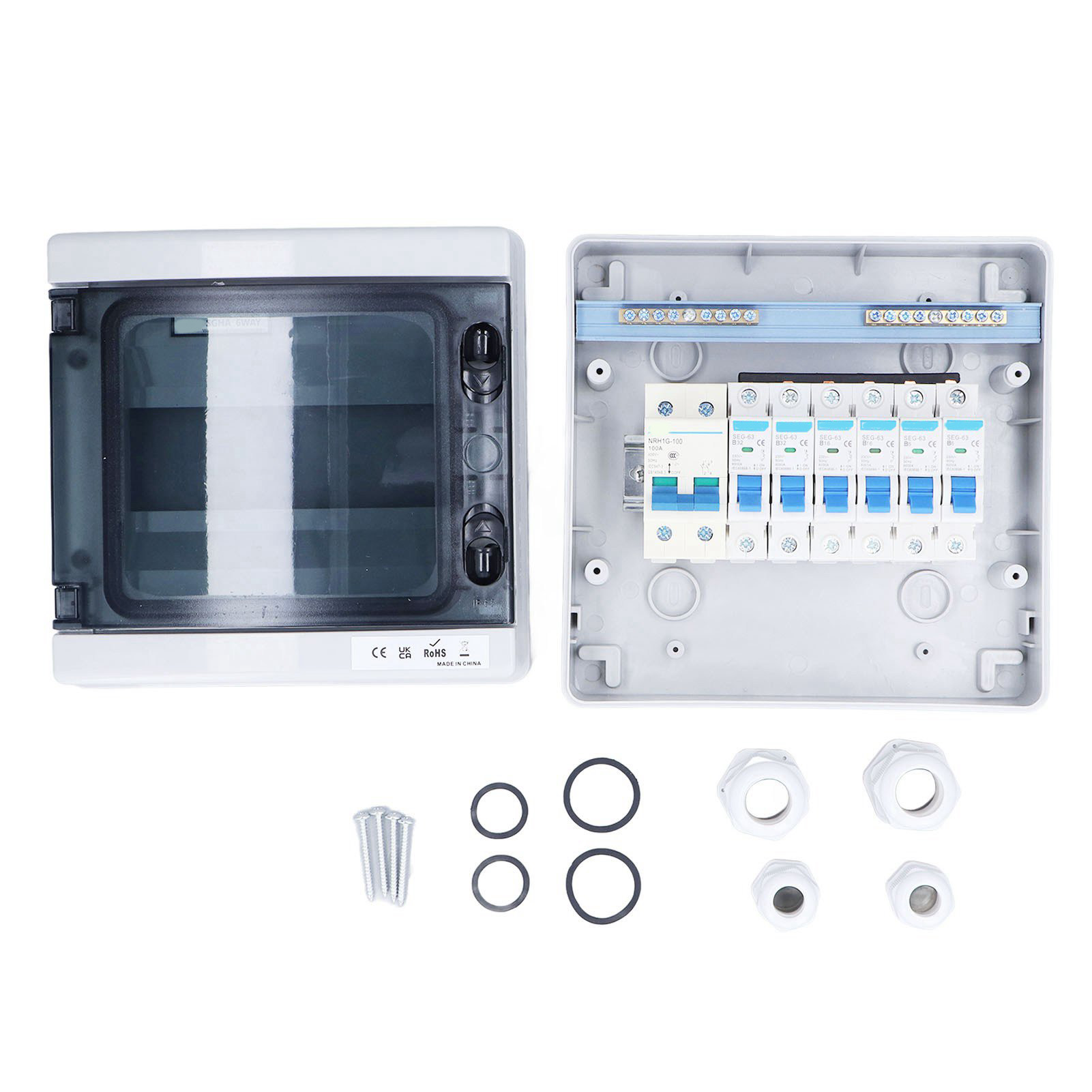 Wasserdichter 6-modul-verteilerkasten Mit 100-a-hauptschalter Und 6 Leitungsschutzschaltern (2 X 6 A + 2 X 16 A + 2 X 32 A), 230 V