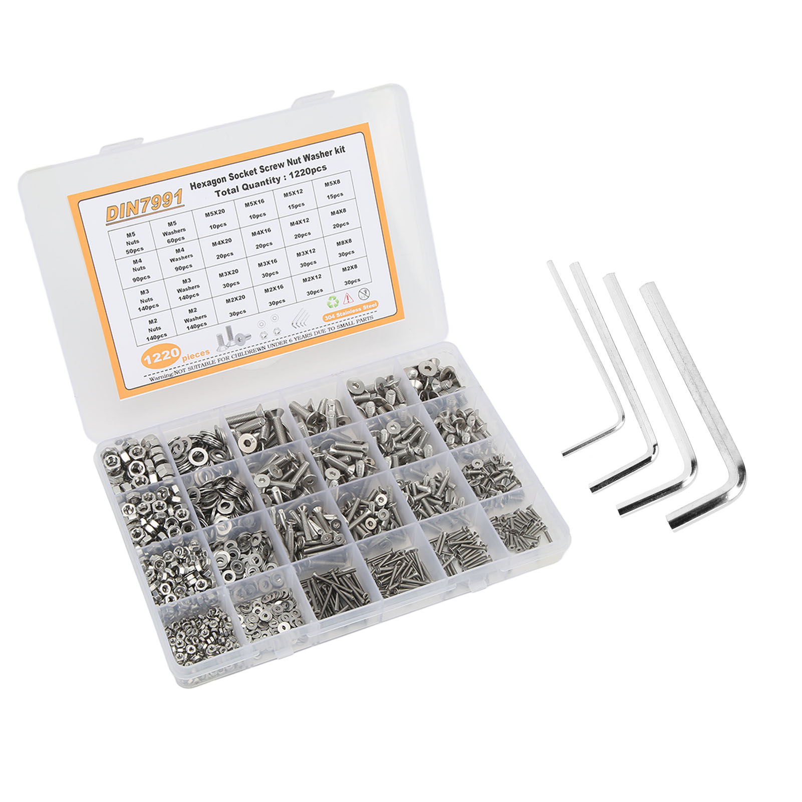 1220-teiliges Set Aus Schrauben, Muttern Und Unterlegscheiben Aus Edelstahl 304 Mit Flach- Und Sechskantköpfen, Größen M2, M3, M4 Und M5, Verschiedene Befestigungselemente