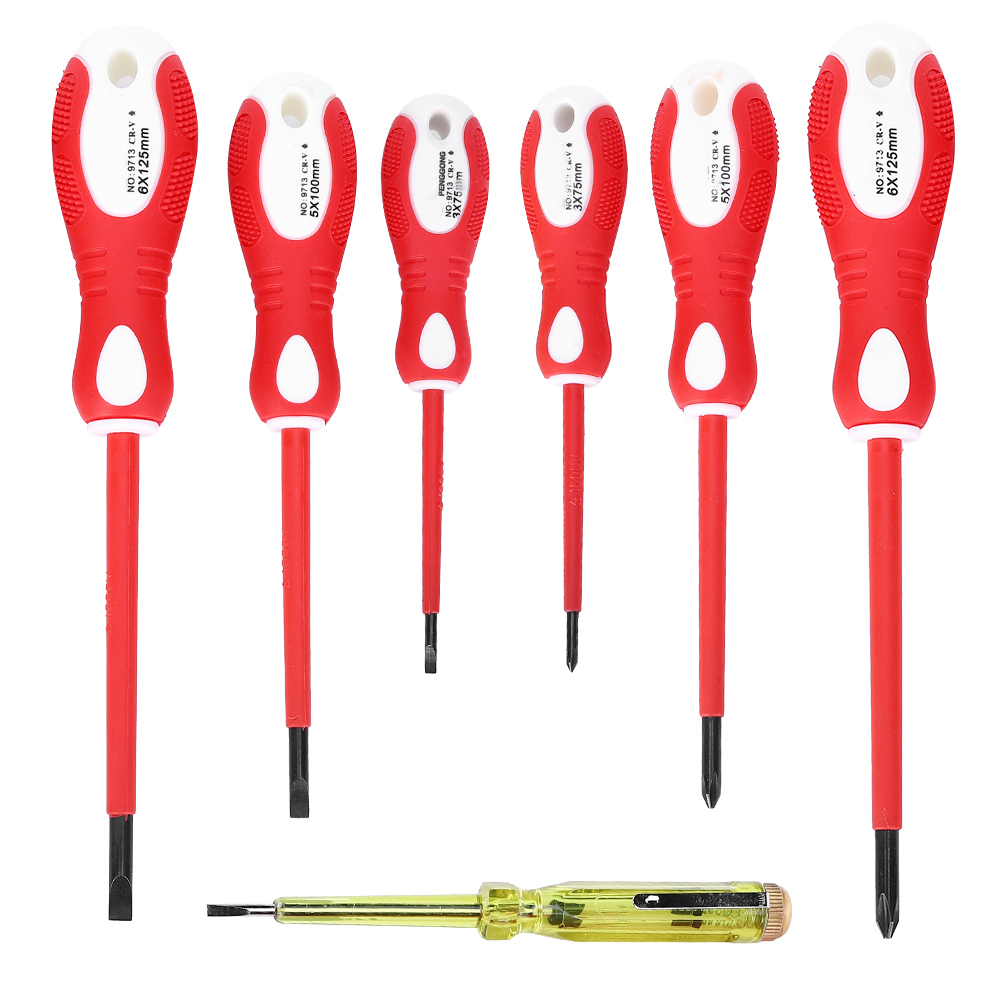 Set Mit 7 Tragbaren, Magnetischen, Isolierten Schraubendrehern Für Elektriker Mit Prüfstift