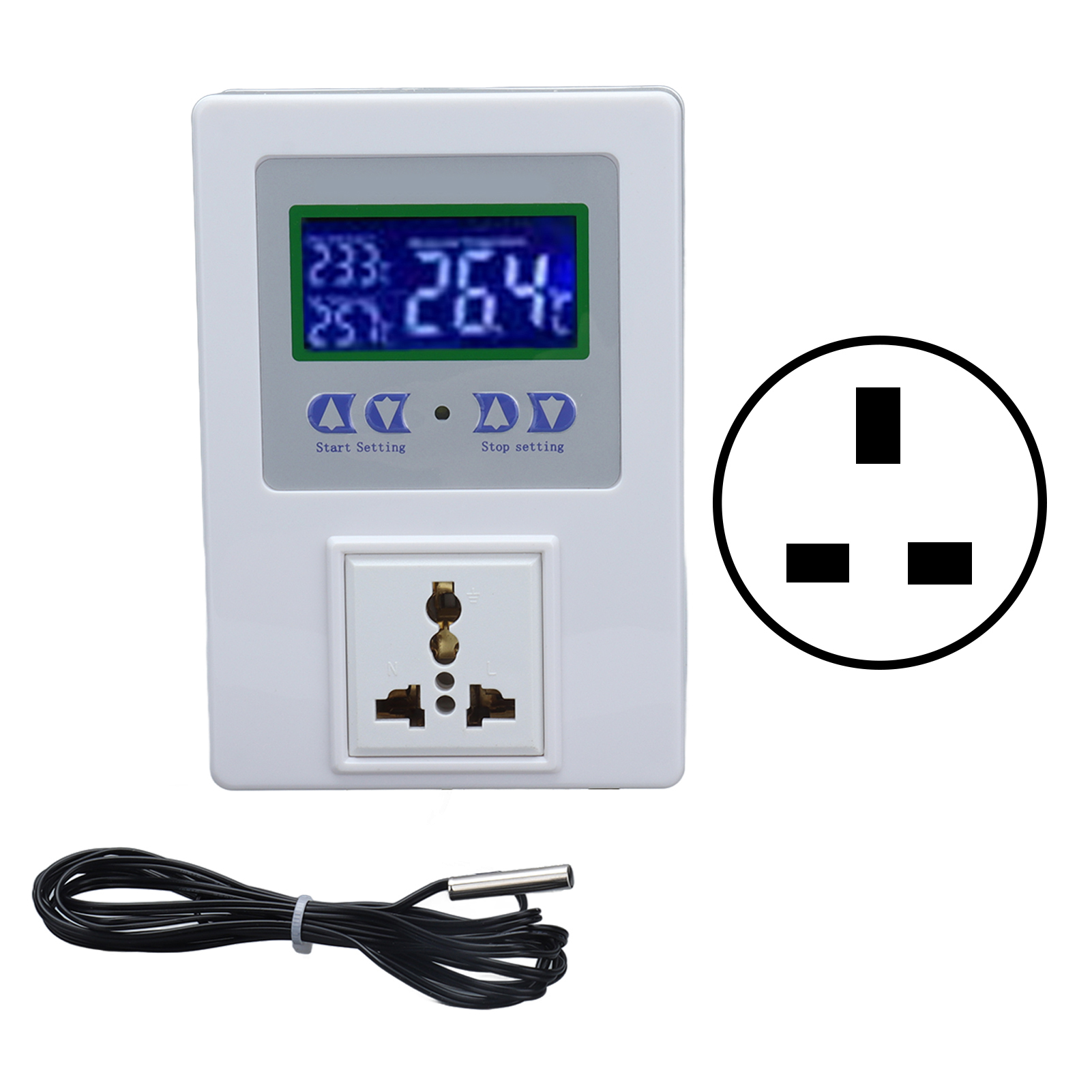 Vorverdrahteter Digitaler Led-temperaturregler Mit Thermostatfühler, Ac 110–240 V, Uk-stecker