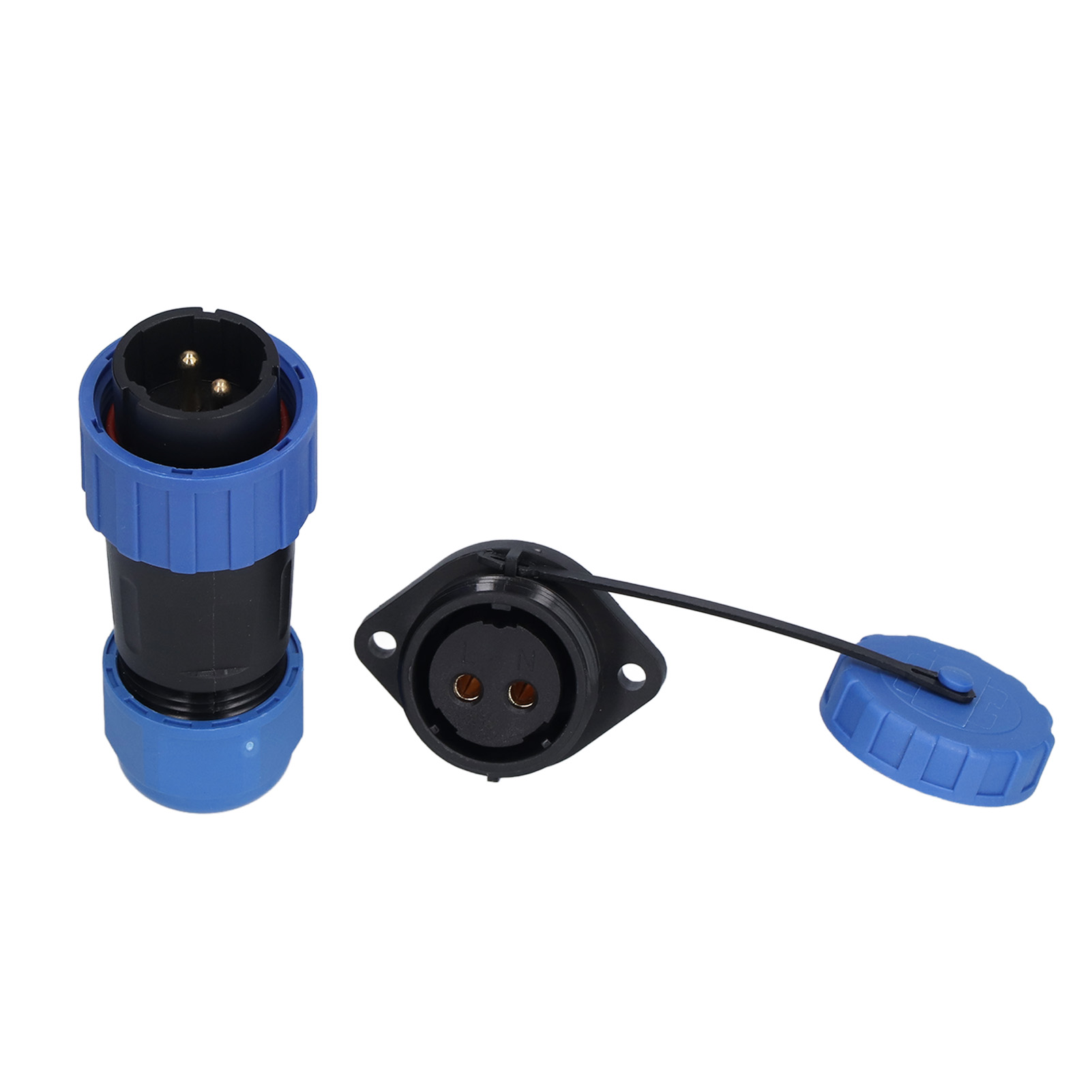 Wasserdichte Ip68-buchse Mit 250-v-luftfahrtstromanschluss, Lp20-stifte (2-polig), 612 Mm, Flanschanschluss