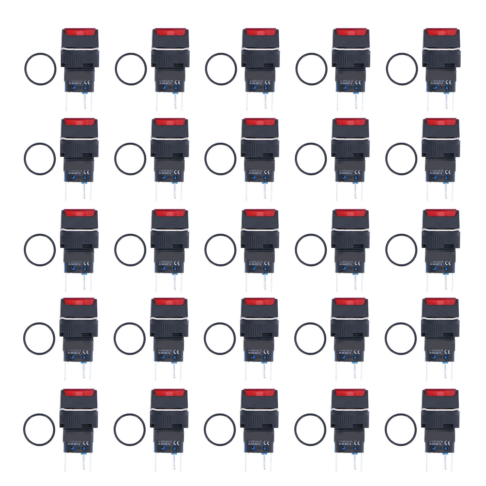 Set Mit 25 Quadratischen 16-mm-drucktastern Mit Kontrollleuchte, 12 V, Rot, Kurzzeitig Und Selbstverriegelnd