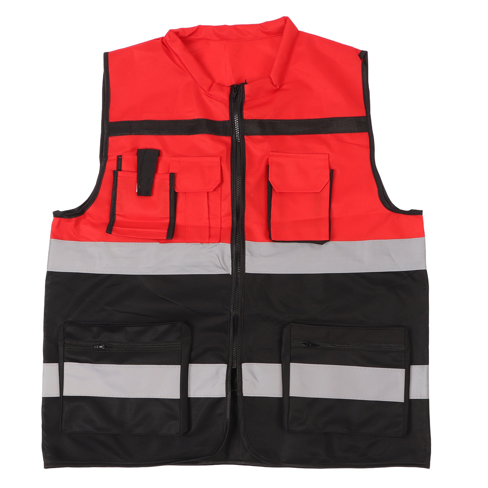 Reflektierende Sicherheitsjacke In Rot Und Schwarz Mit Rundhalsausschnitt Und Mehreren Taschen Für Bau- Und Transportwesen